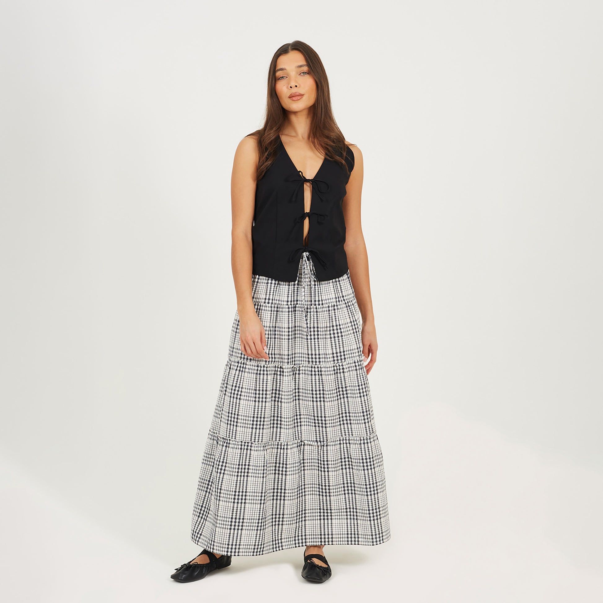 Brave Soul Brown Check Tiered Maxi Skirt - Brown Image 3