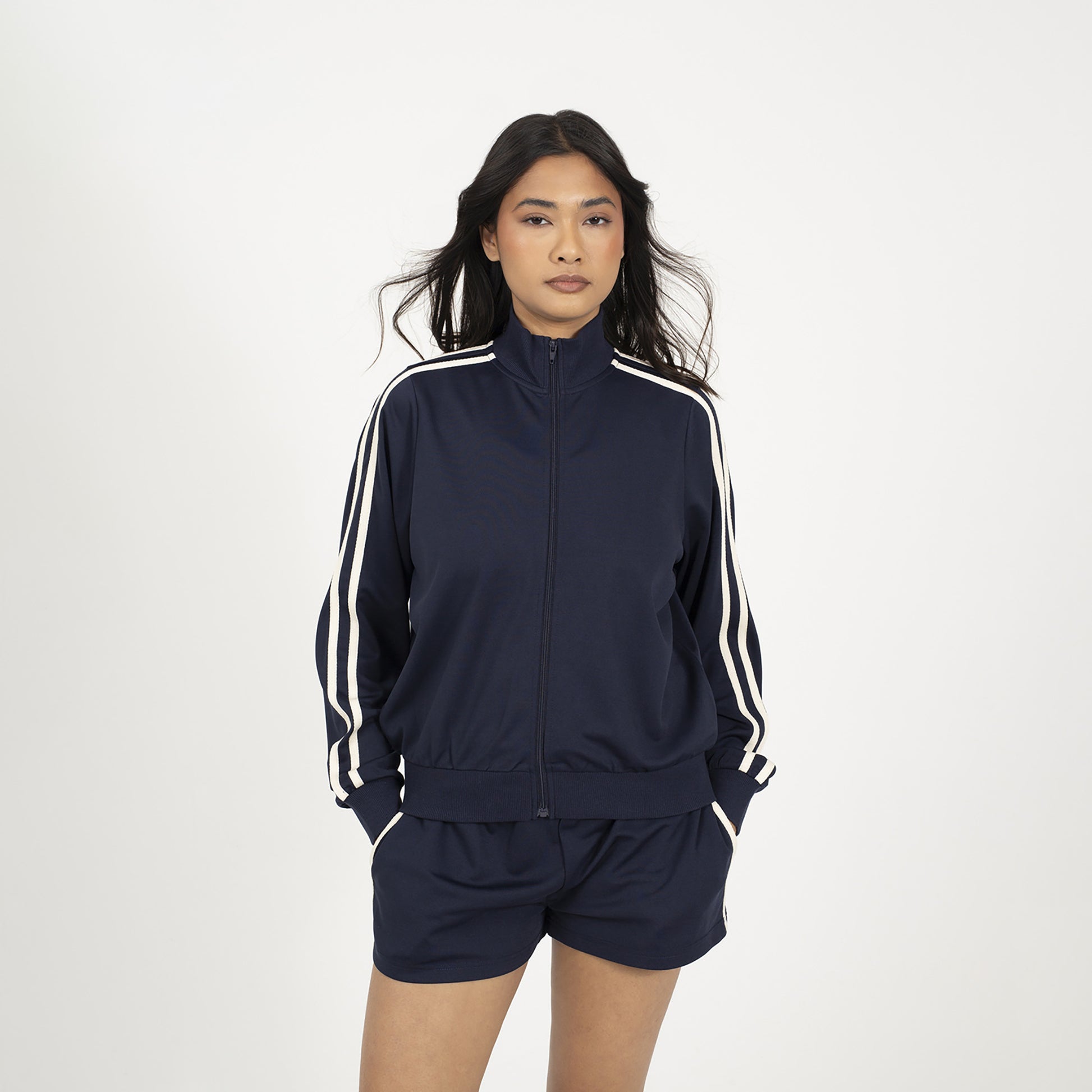 Brave Soul Navy Side Stripe Zip Through Sweatshirt - Navy Image 1