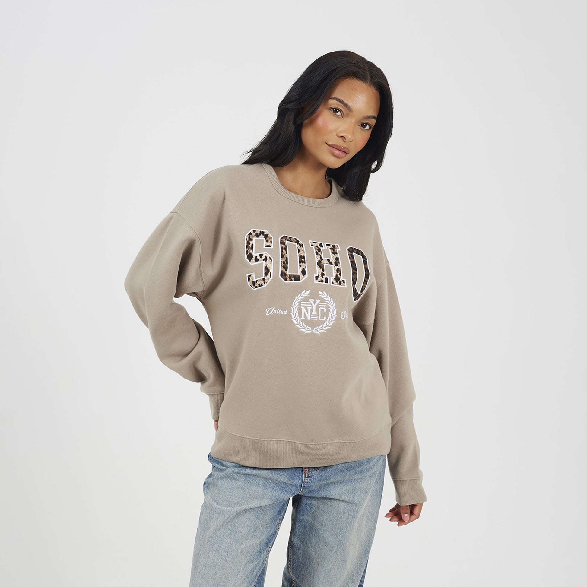 Brave Soul Taupe Slogan Crew Neck Sweatshirt - Taupe Image 1