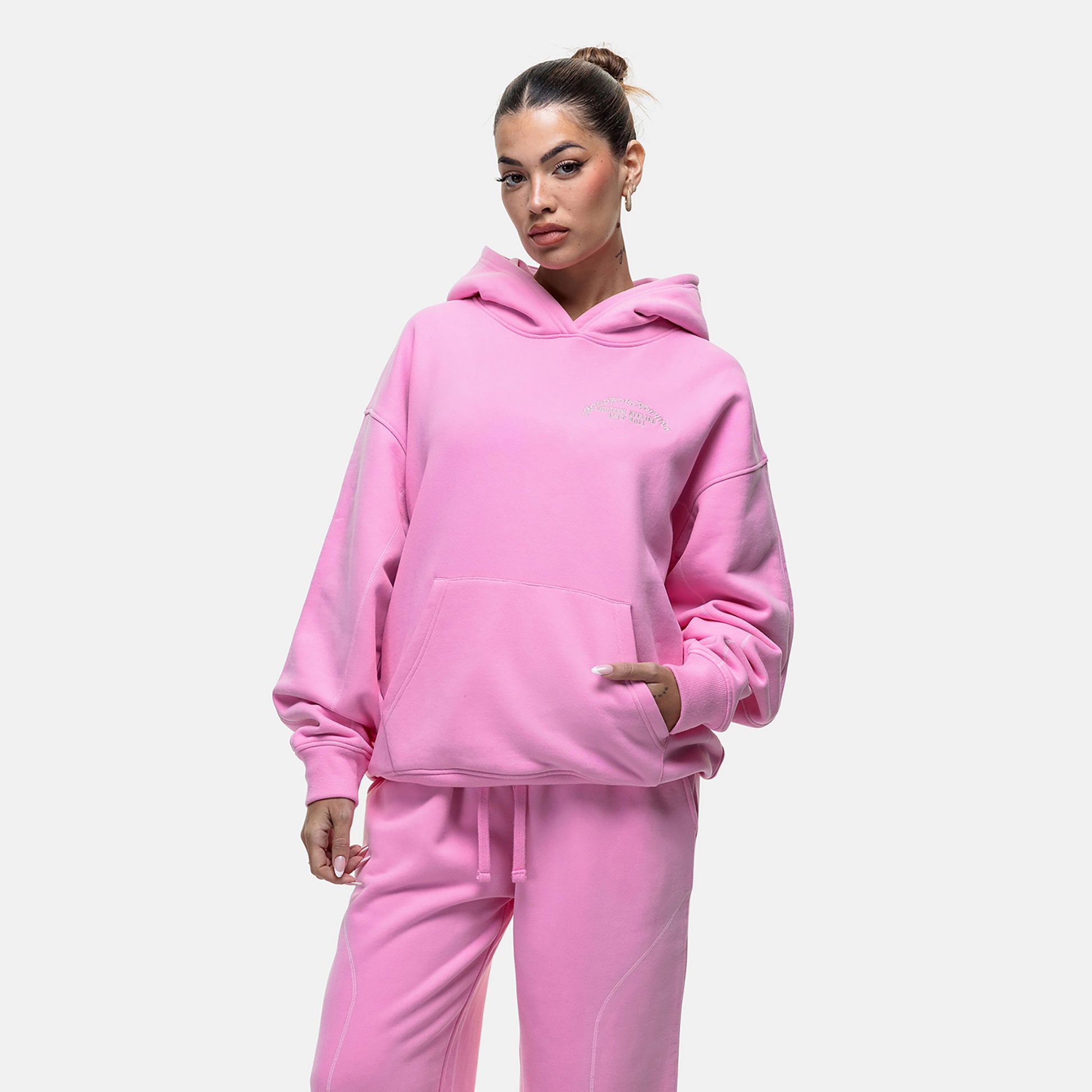 Good For Nothing Pink Overlock Stitch Relaxed Hoodie - Pink Image 4