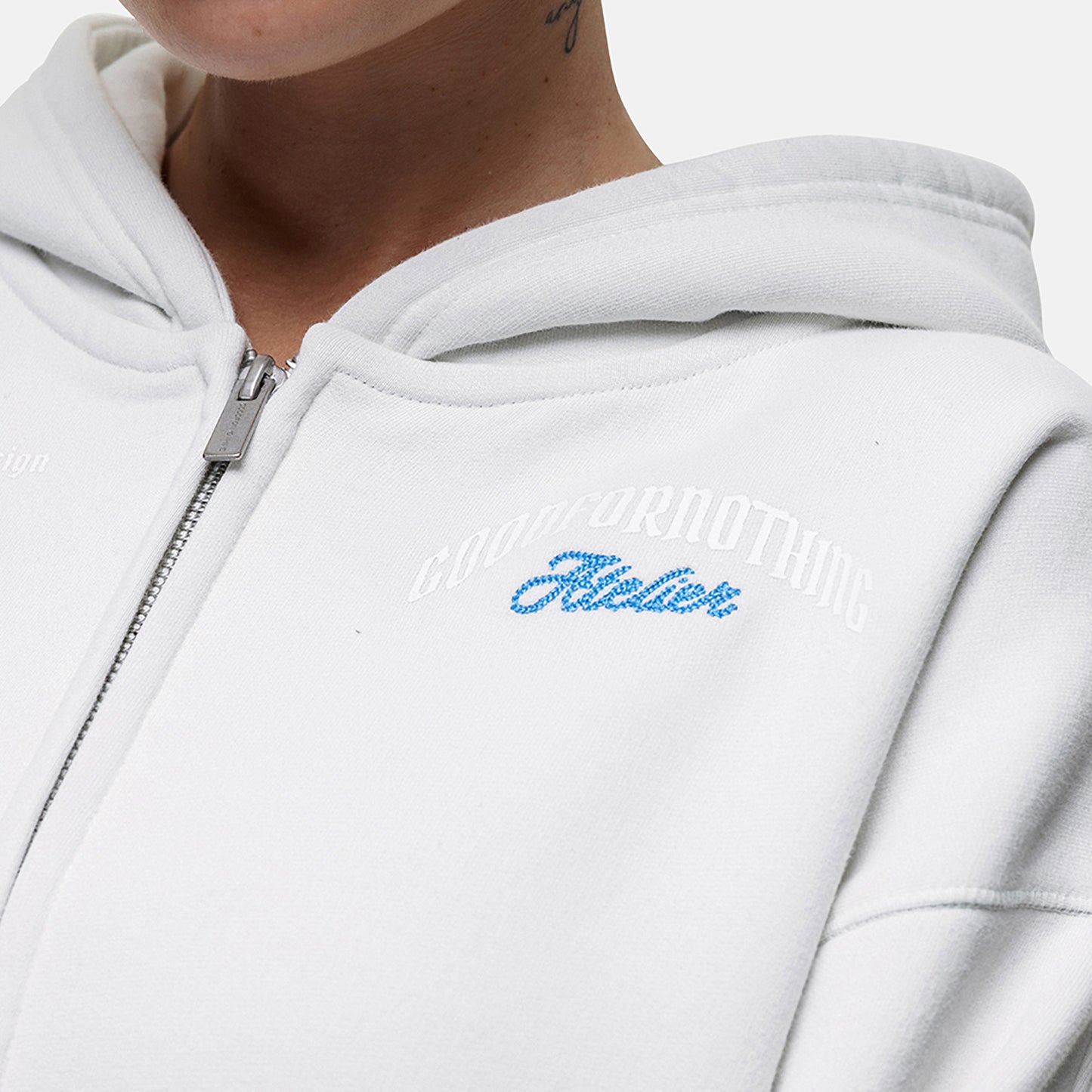 Good For Nothing White Embroidered Relaxed Fit Zip Through Hoodie - White Image 3