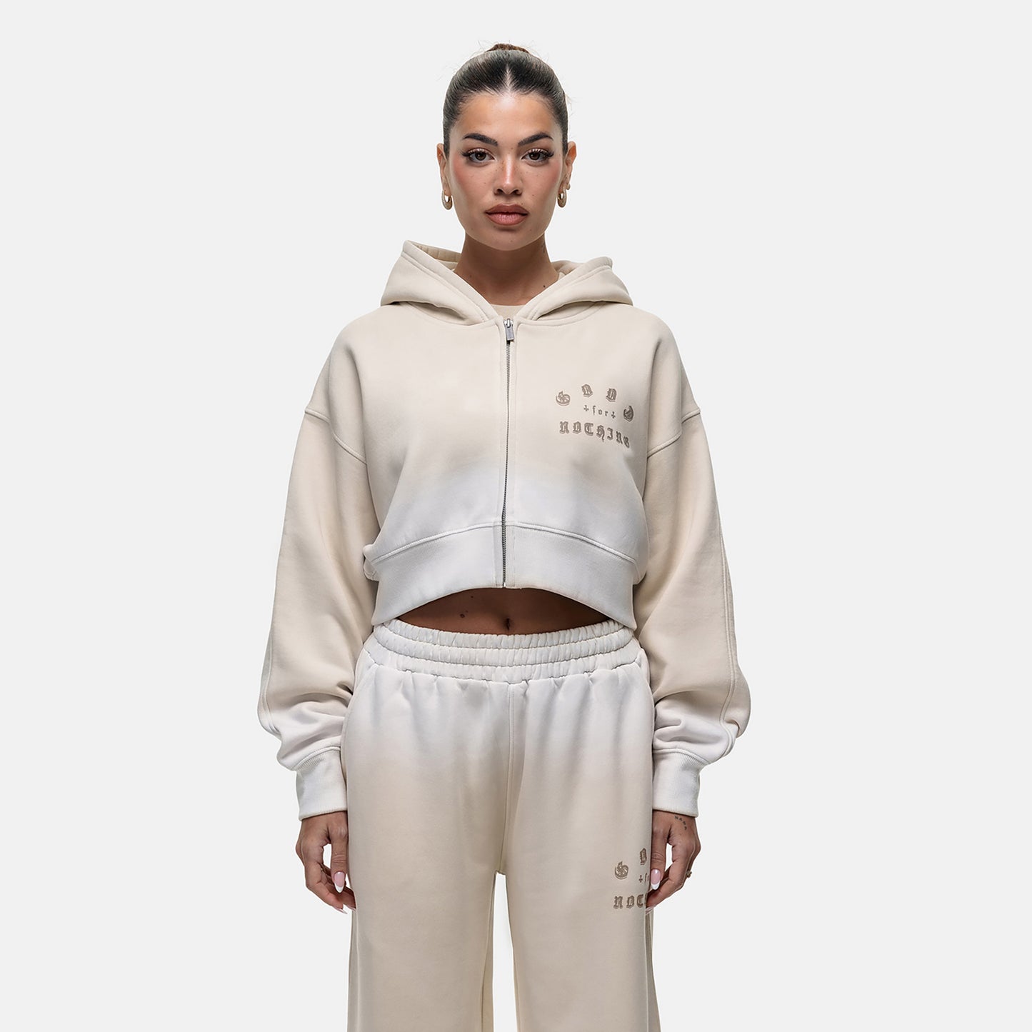 Good For Nothing Cream Spray Effect Cropped Zip Through Hoodie - Cream Image 3