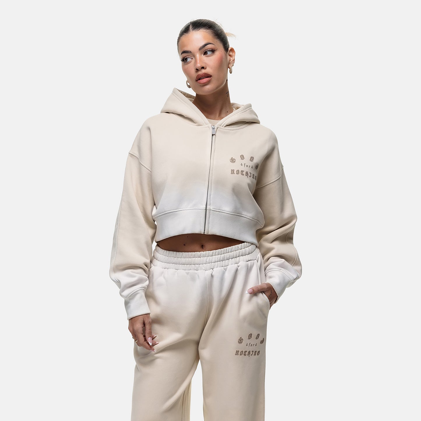 Good For Nothing Cream Spray Effect Cropped Zip Through Hoodie - Cream Image 1