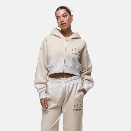 Good For Nothing Cream Spray Effect Cropped Zip Through Hoodie - Cream Image 1