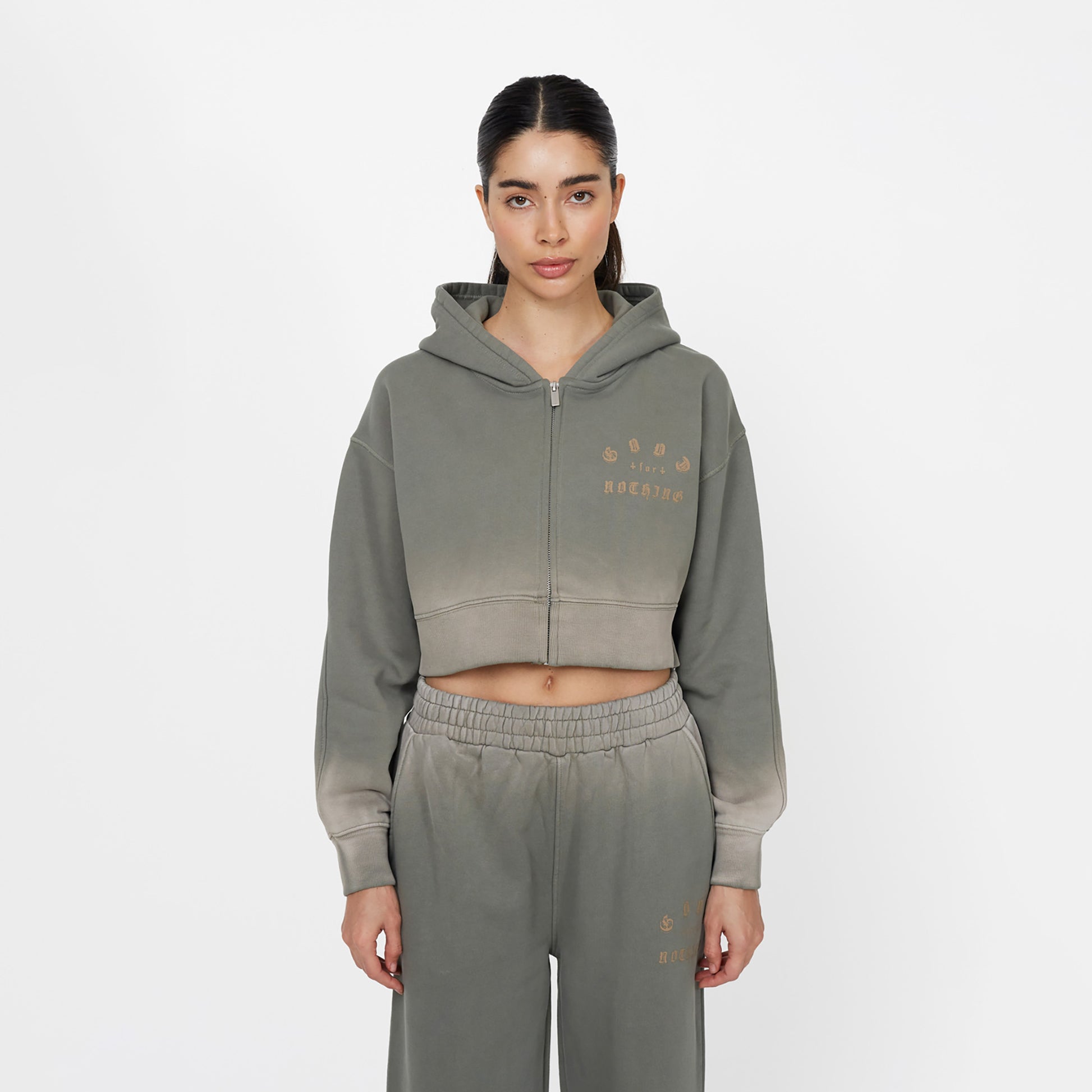 Good For Nothing Khaki Spray Effect Relaxed Zip Through Hoodie - Khaki Image 1