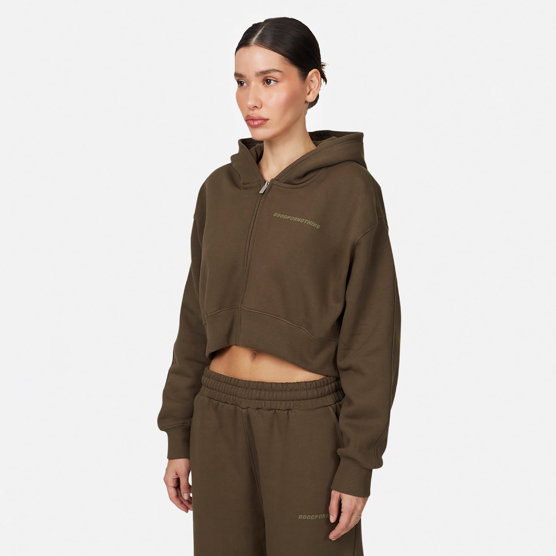 Good For Nothing Brown Tonal Cropped Zip Hoodie - Brown Image 4