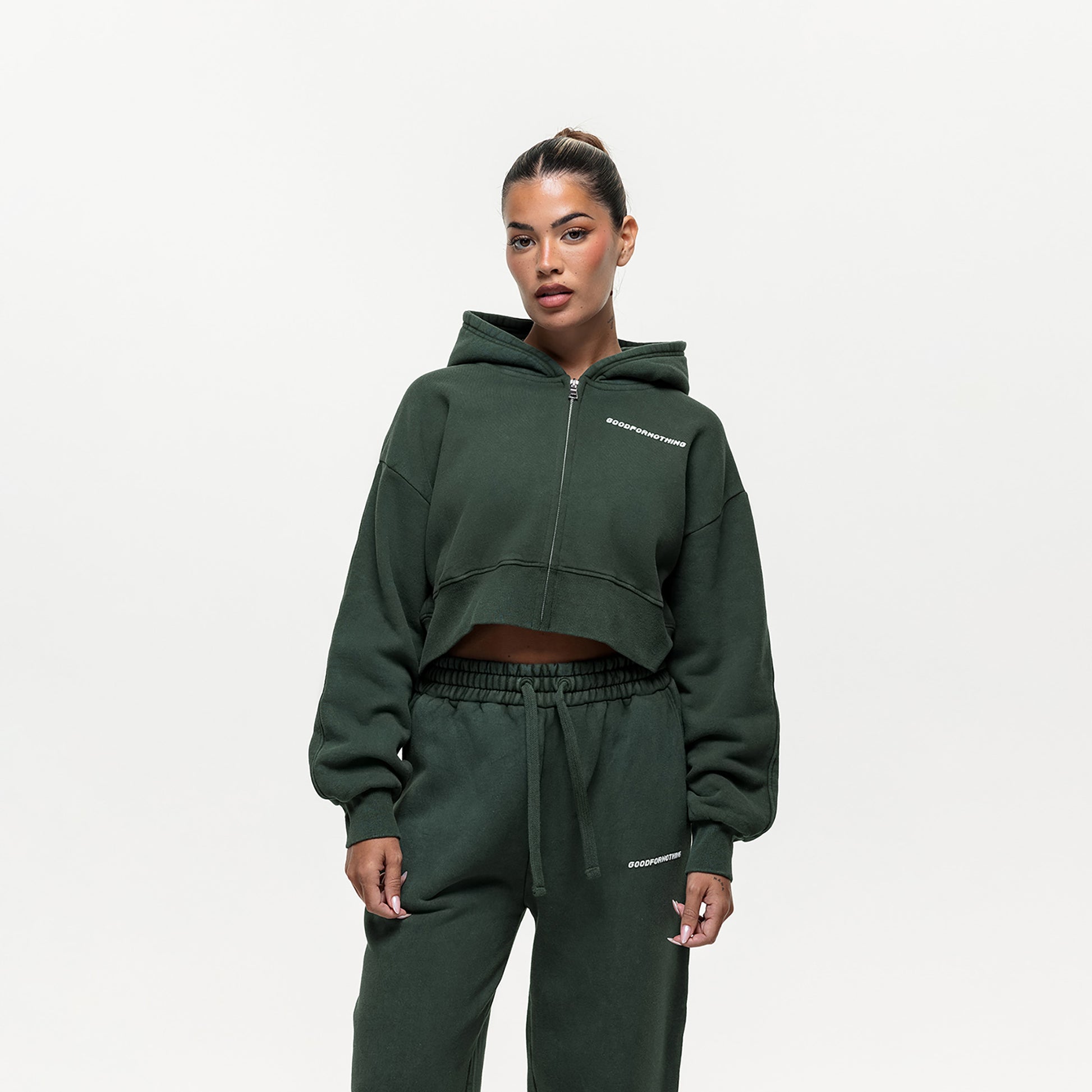 Good For Nothing Green Vintage Wash Cropped Zip Through Hoodie - Green Image 3