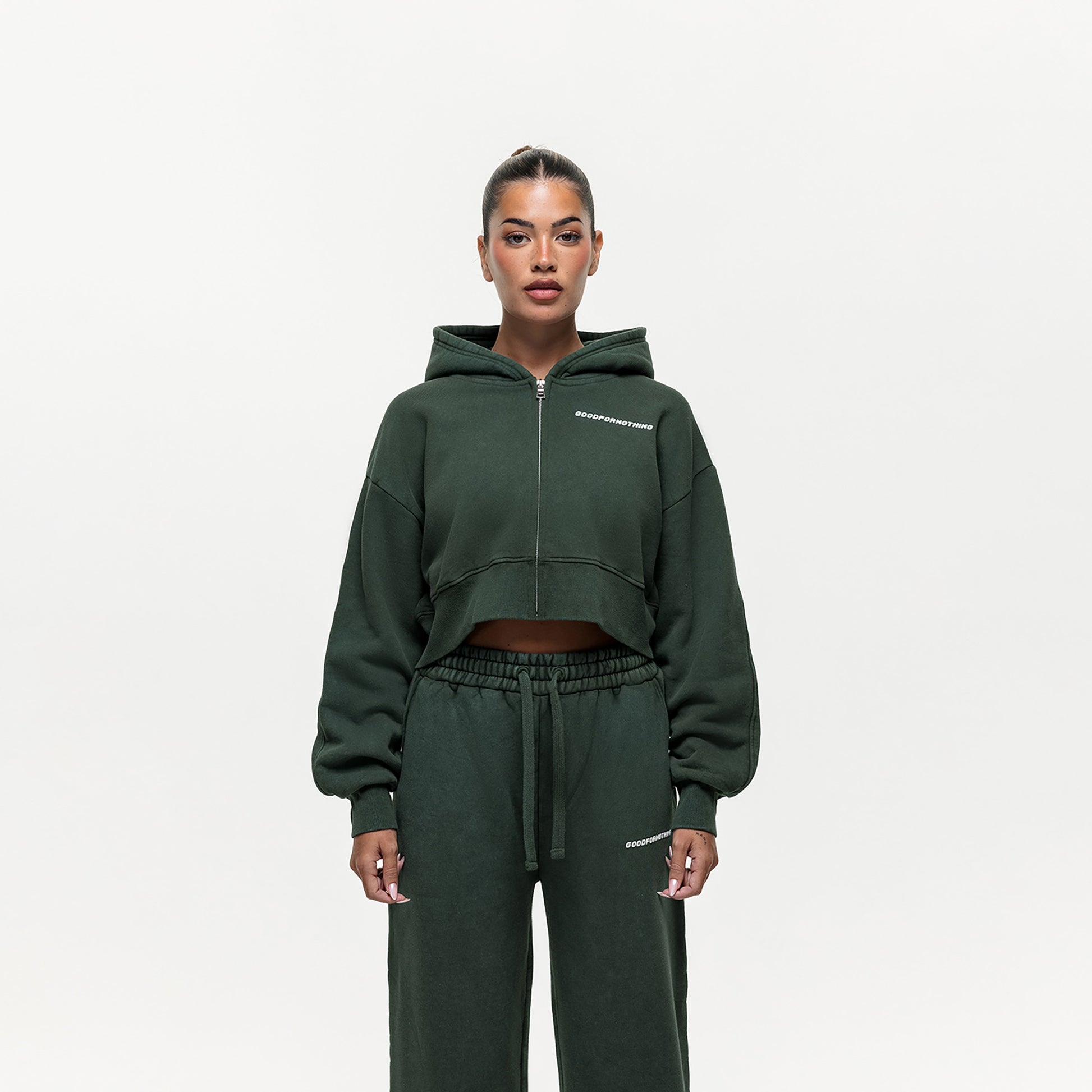 Good For Nothing Green Vintage Wash Cropped Zip Through Hoodie - Green Image 1