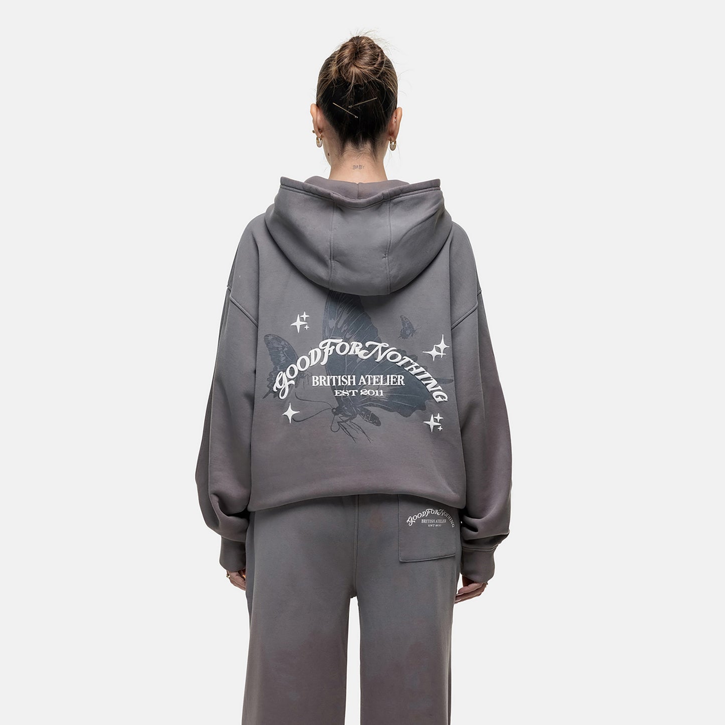 Good For Nothing Grey Zip Through Hoodie With Puff Print - Grey Image 2