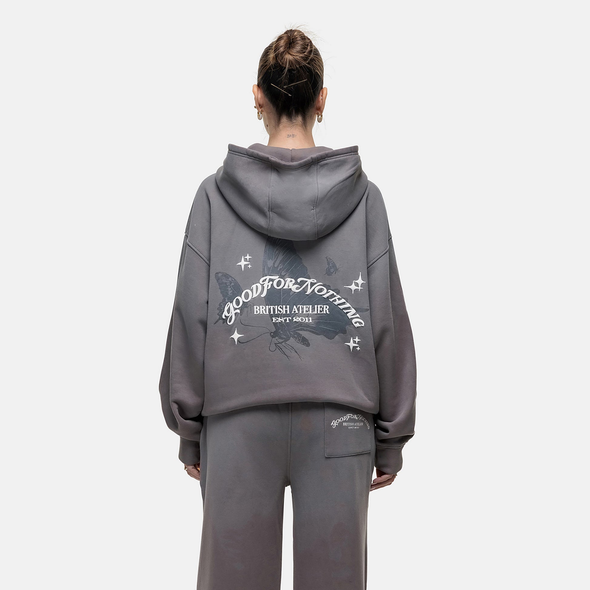 Good For Nothing Grey Zip Through Hoodie With Puff Print - Grey Image 2