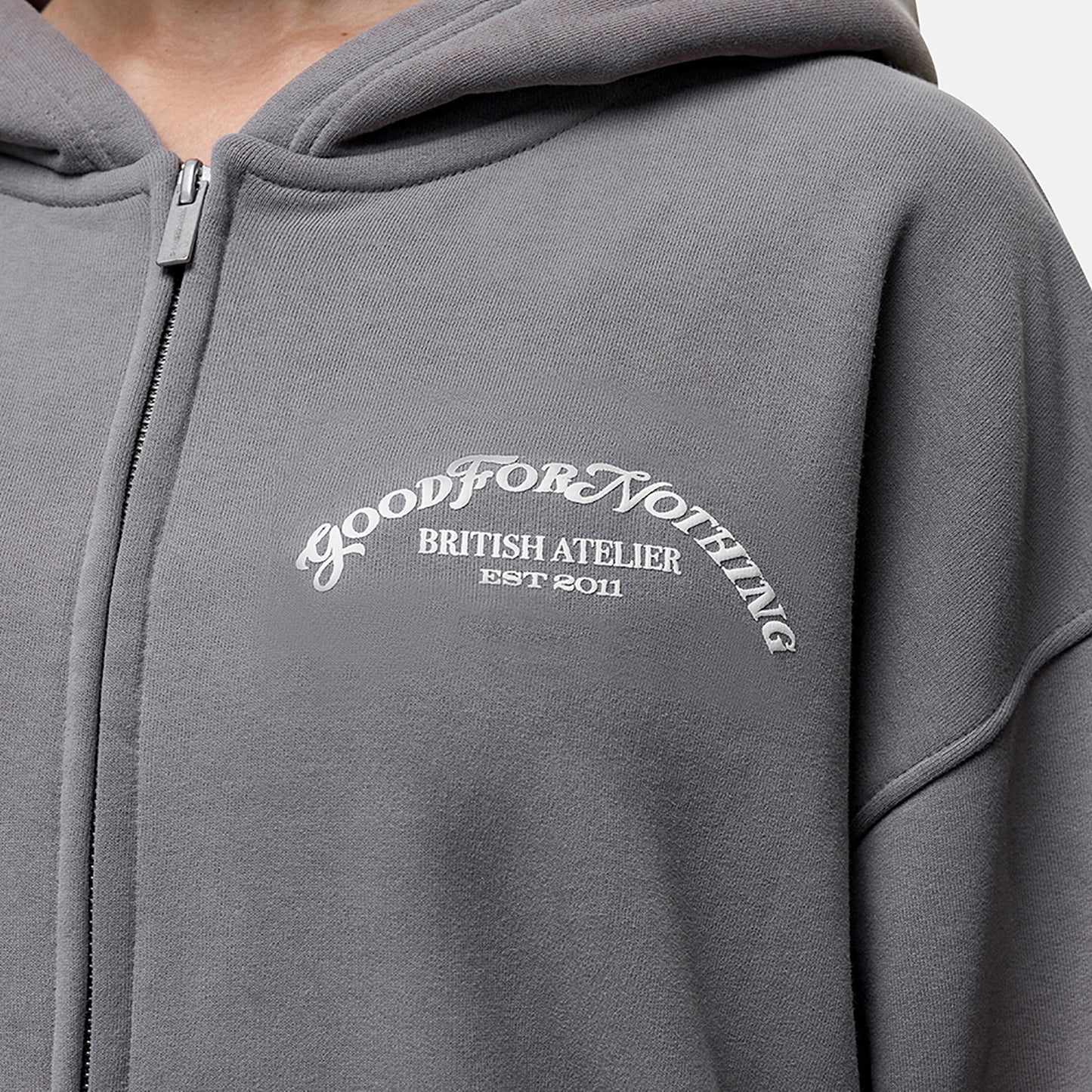 Good For Nothing Grey Zip Through Hoodie With Puff Print - Grey Image 3