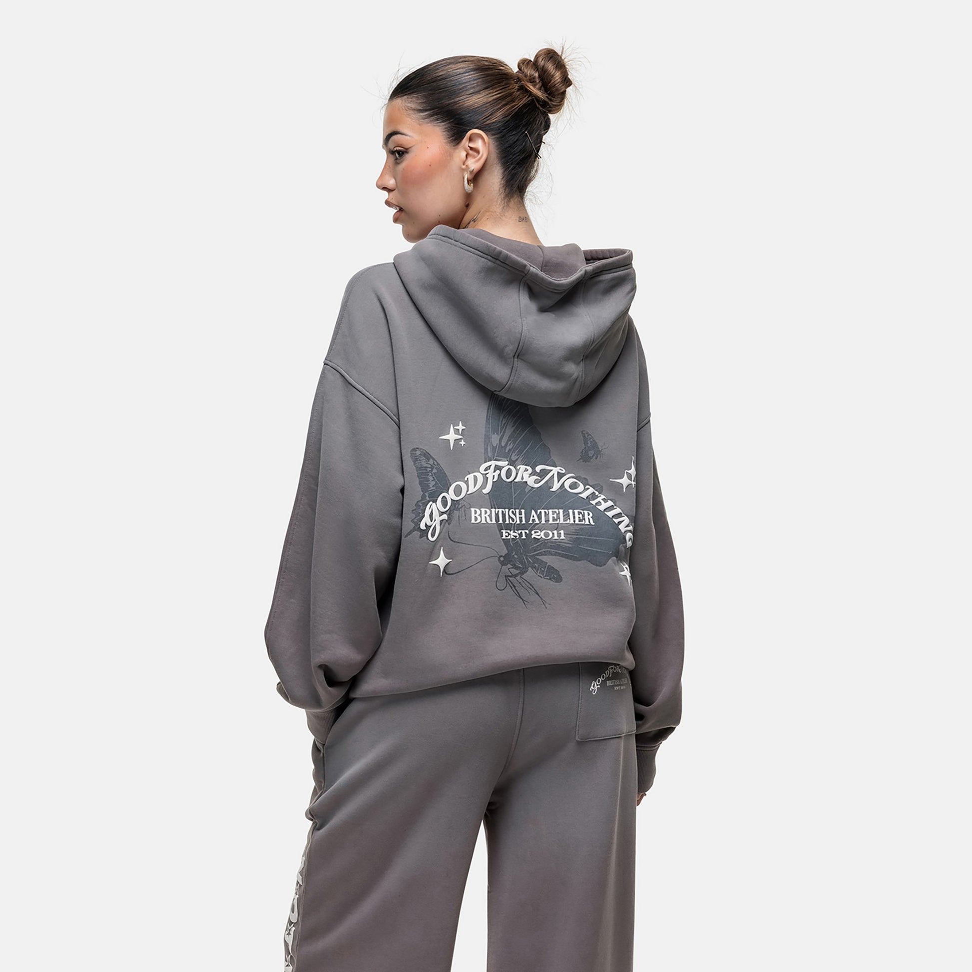 Good For Nothing Grey Zip Through Hoodie With Puff Print - Grey Image 4