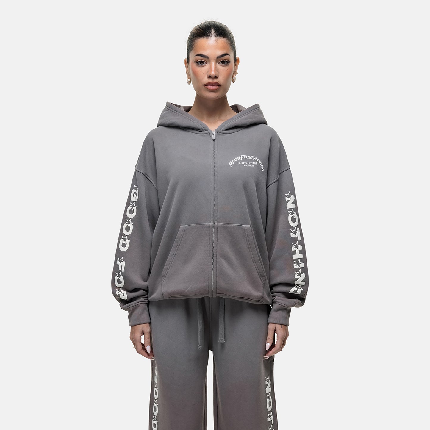 Good For Nothing Grey Zip Through Hoodie With Puff Print - Grey Image 1