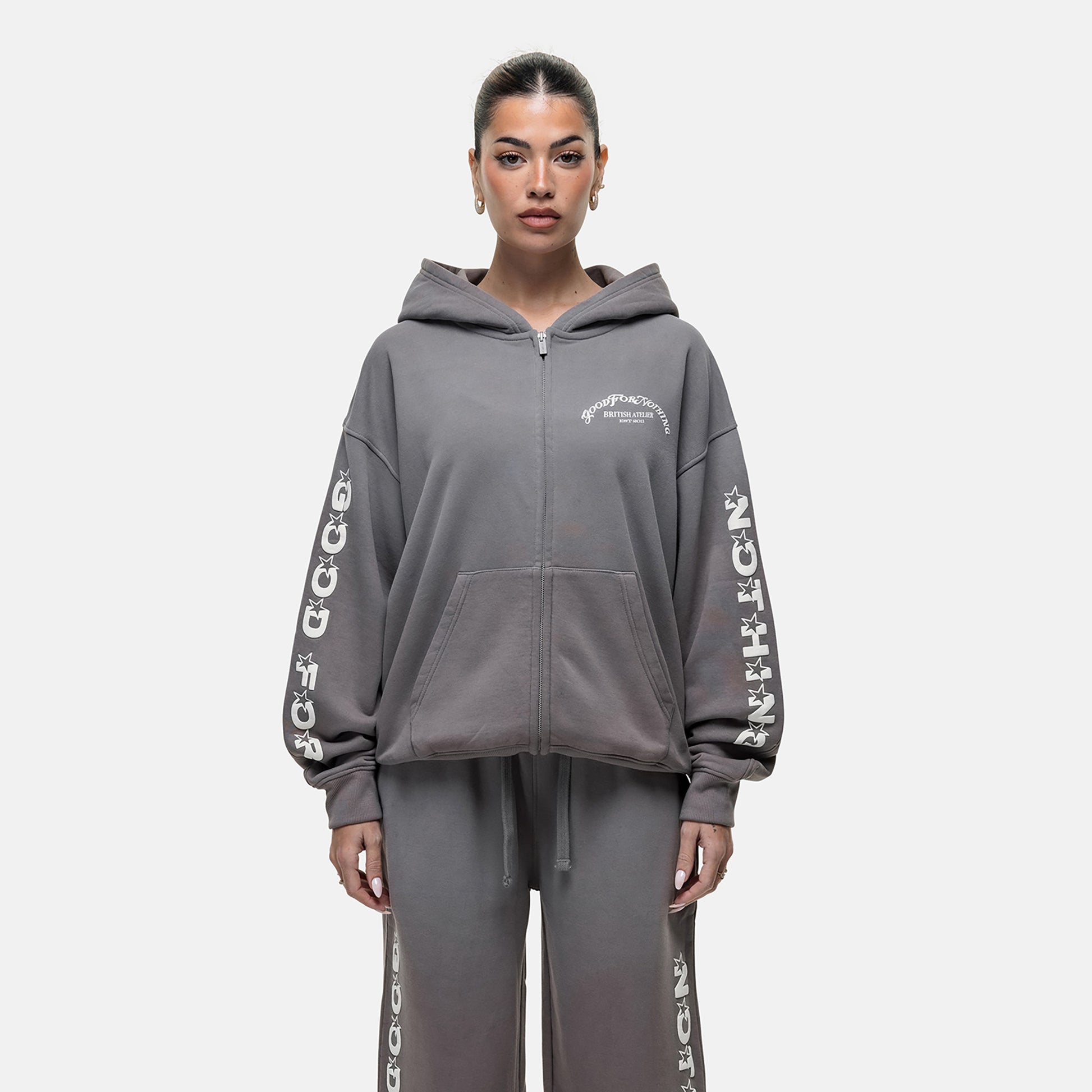 Good For Nothing Grey Zip Through Hoodie With Puff Print - Grey Image 1