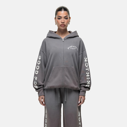 Good For Nothing Grey Zip Through Hoodie With Puff Print - Grey Image 1