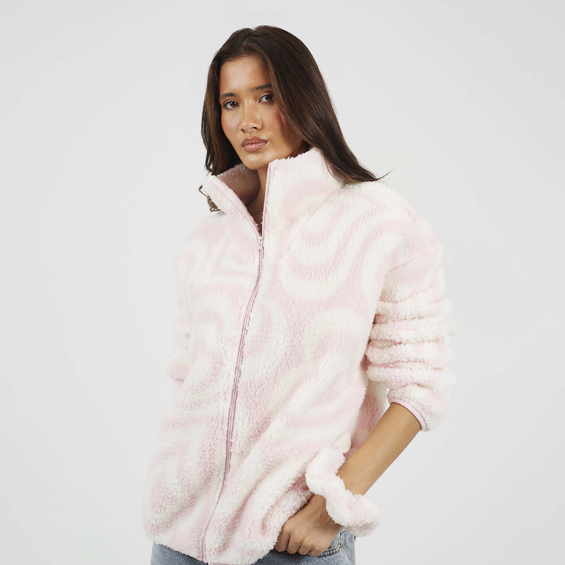 Brave Soul Pale Pink Graphic Heart Print Zip Through Sherpa Fleece - Pale Pink Image 4