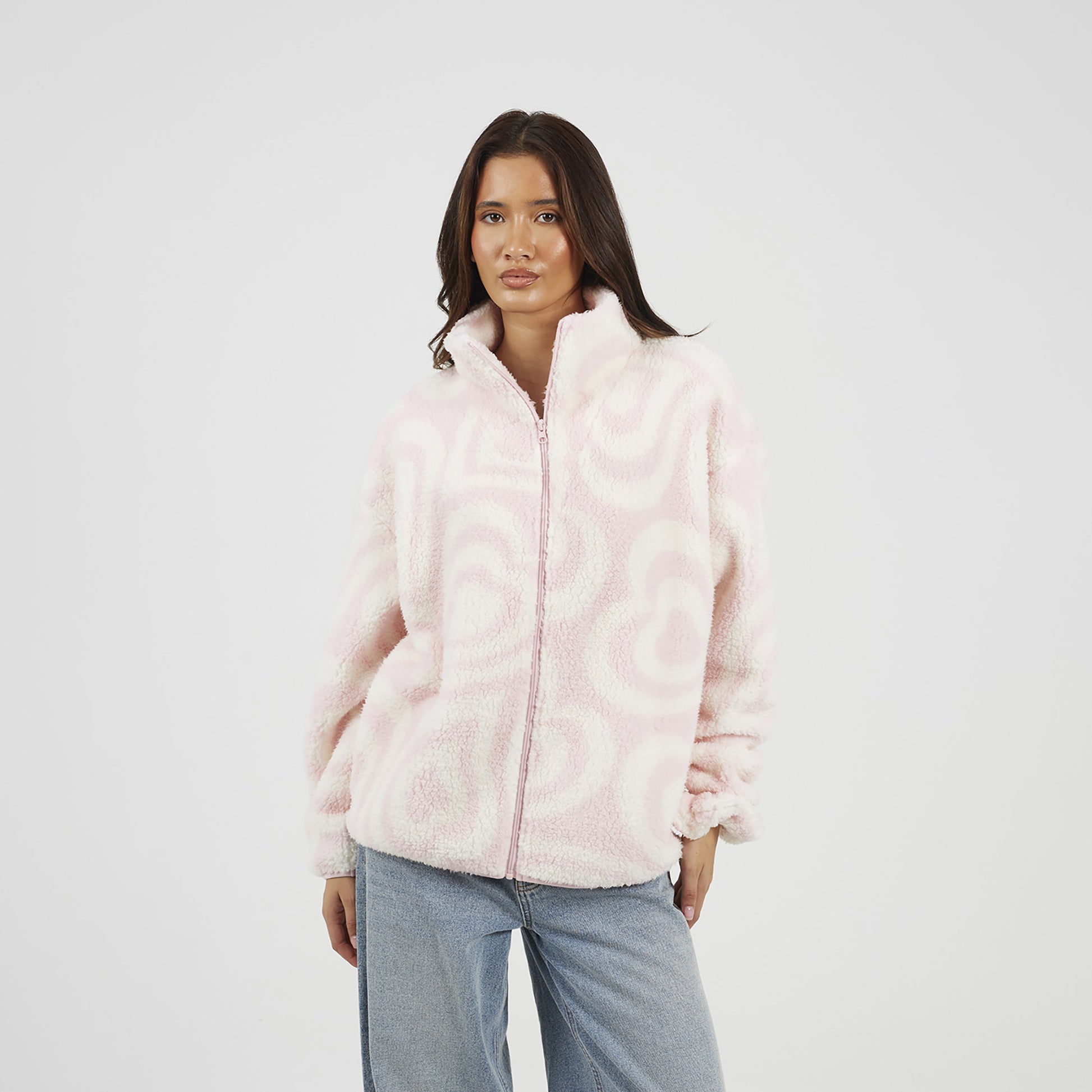 Brave Soul Pale Pink Graphic Heart Print Zip Through Sherpa Fleece - Pale Pink Image 1