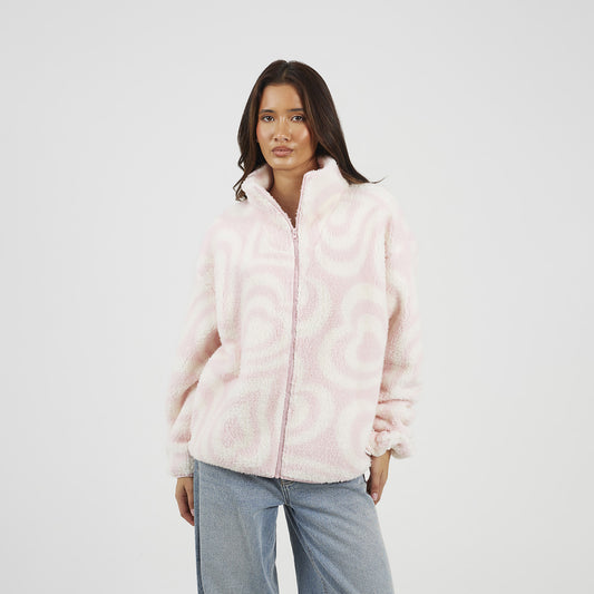 Brave Soul Pale Pink Graphic Heart Print Zip Through Sherpa Fleece - Pale Pink Image 1