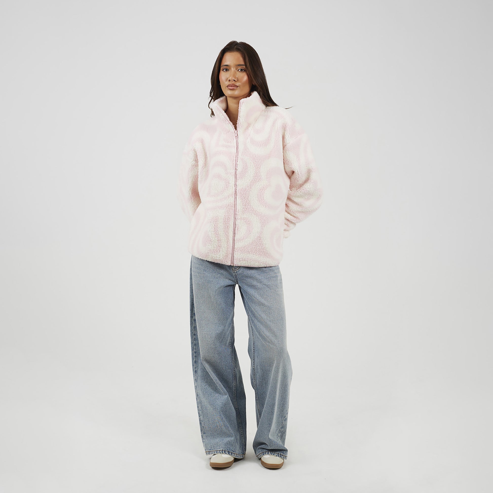 Brave Soul Pale Pink Graphic Heart Print Zip Through Sherpa Fleece - Pale Pink Image 3