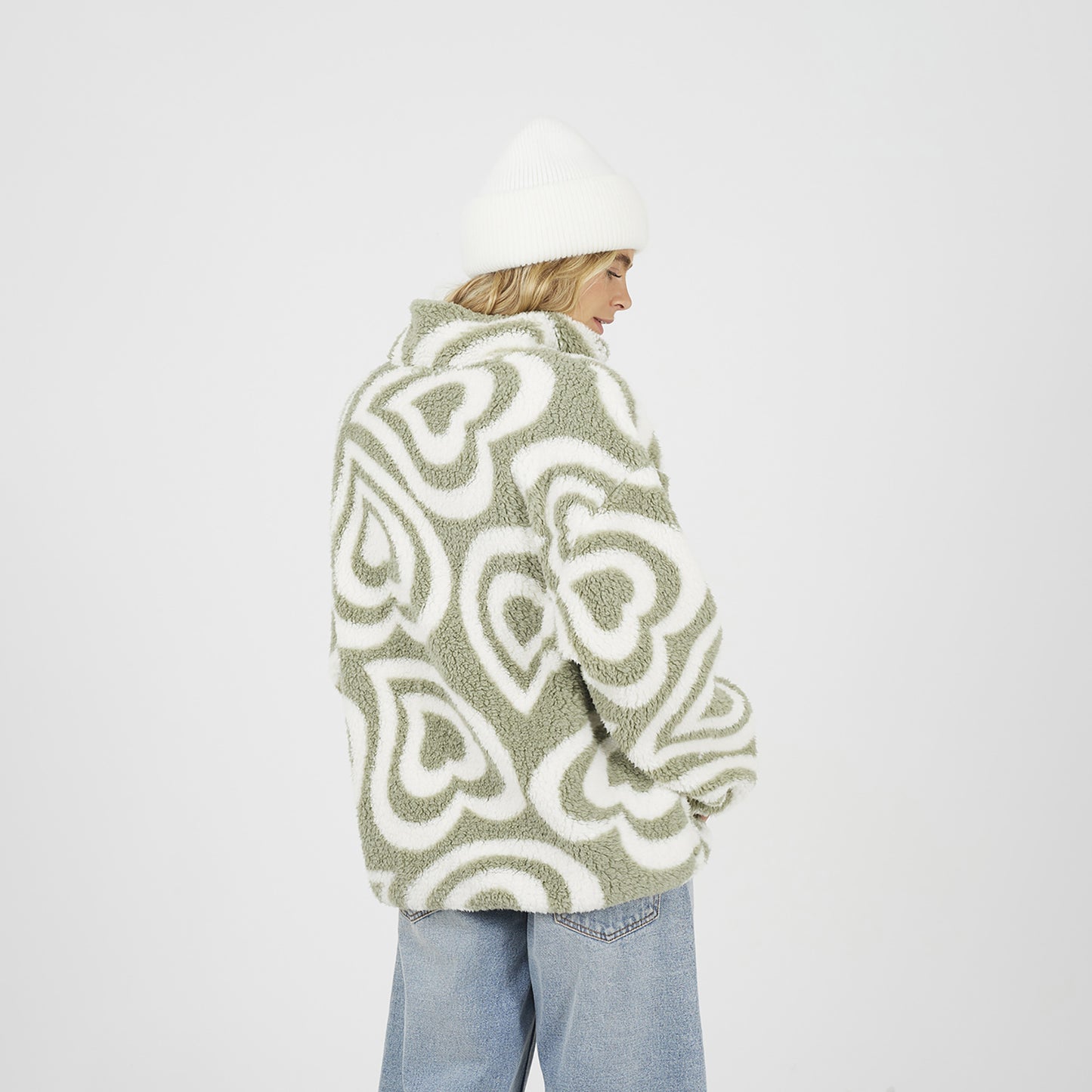 Brave Soul Pale Green Graphic Heart Print Zip Through Sherpa Fleece - Pale Green Image 2