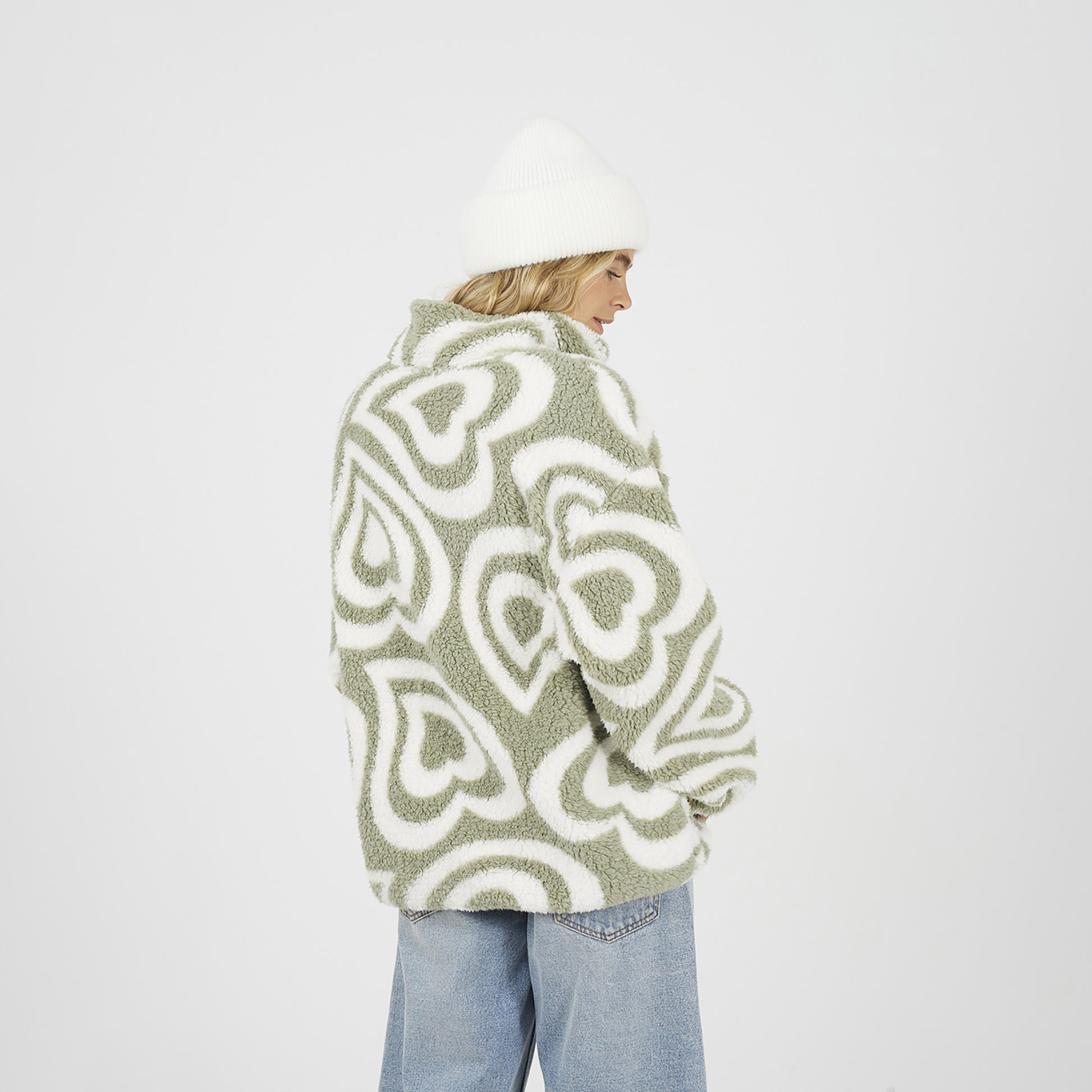 Brave Soul Pale Green Graphic Heart Print Zip Through Sherpa Fleece - Pale Green Image 2