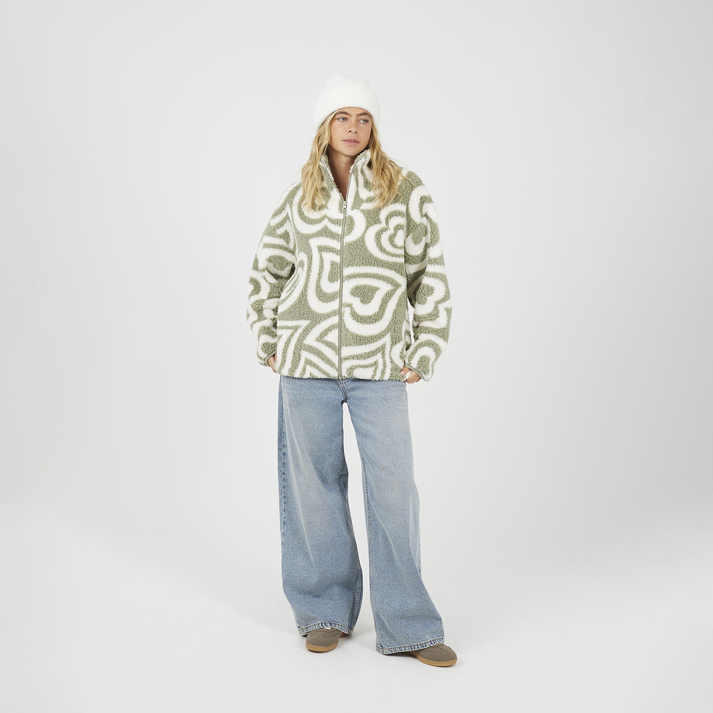 Brave Soul Pale Green Graphic Heart Print Zip Through Sherpa Fleece - Pale Green Image 3