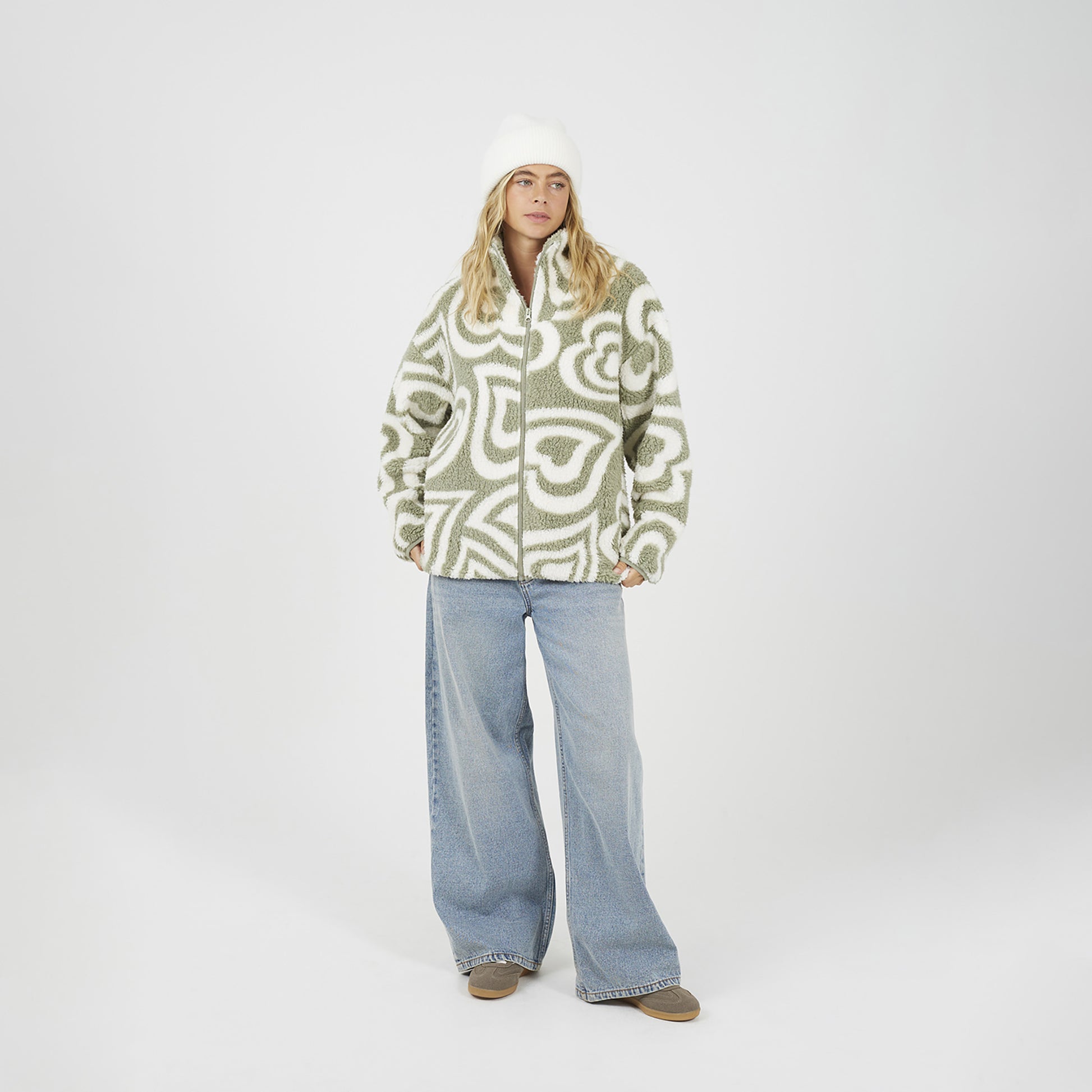 Brave Soul Pale Green Graphic Heart Print Zip Through Sherpa Fleece - Pale Green Image 3