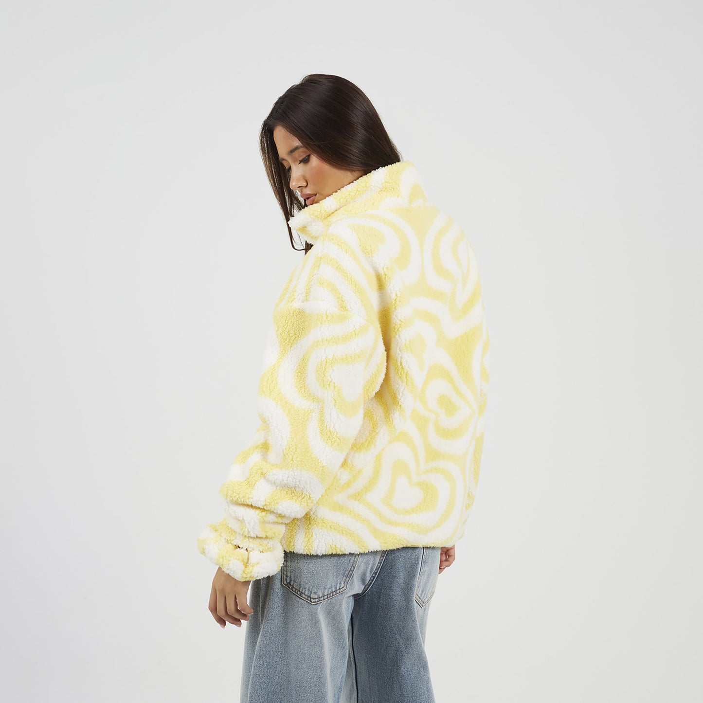 Brave Soul Yellow Graphic Heart Print Zip Through Sherpa Fleece - Yellow Image 2
