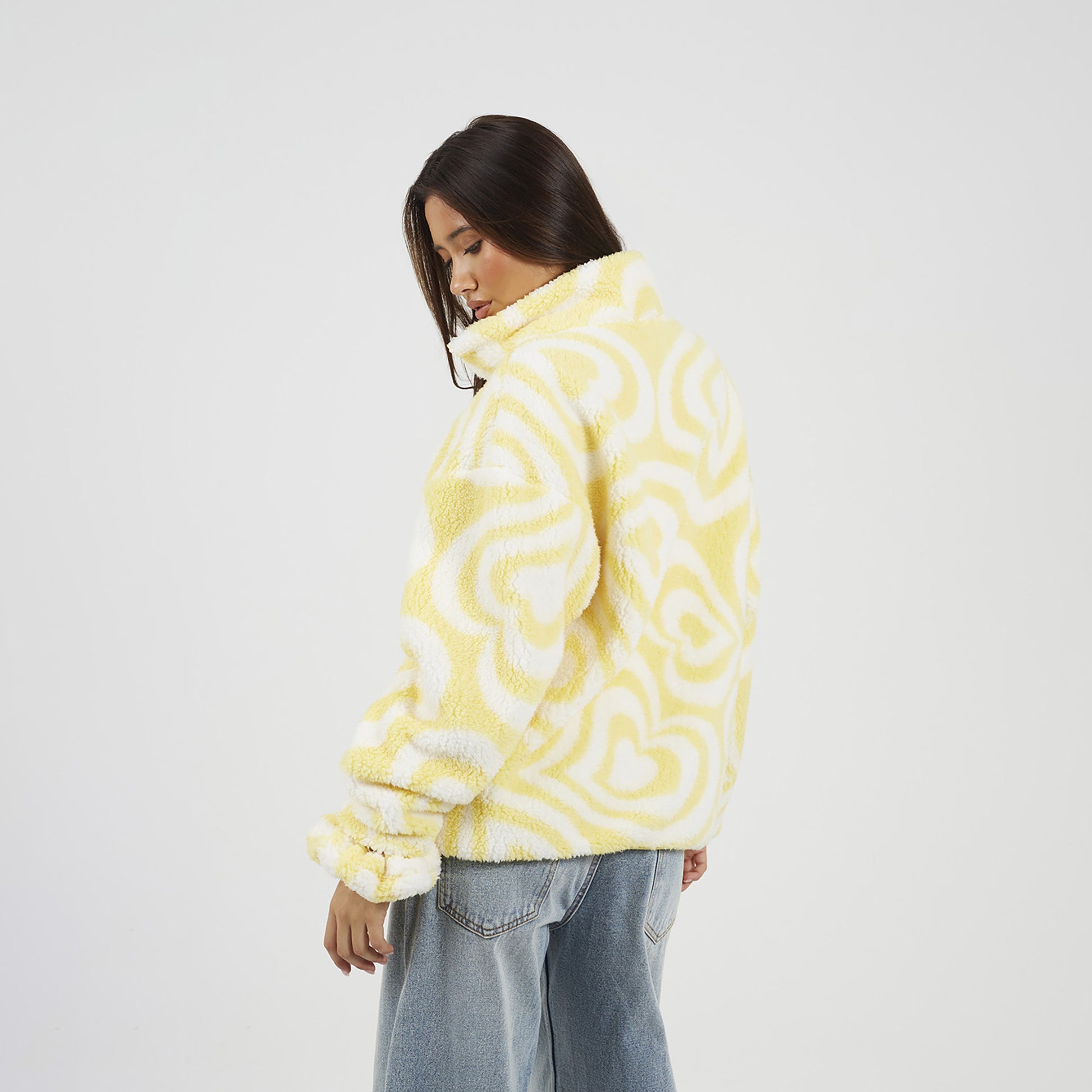Brave Soul Yellow Graphic Heart Print Zip Through Sherpa Fleece - Yellow Image 2