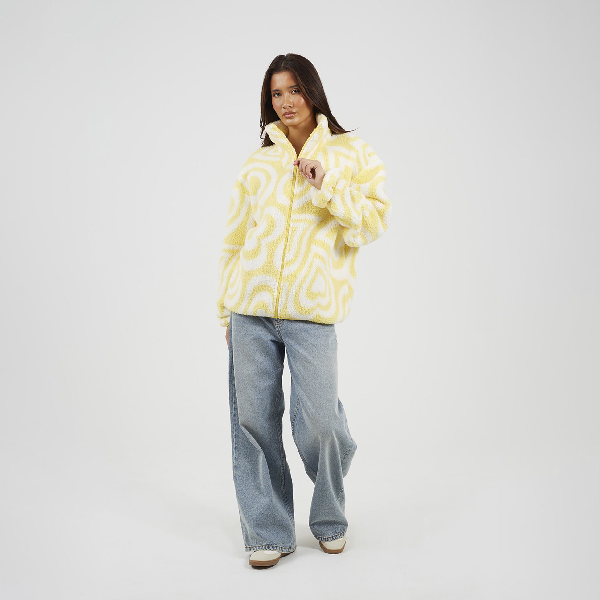 Brave Soul Yellow Graphic Heart Print Zip Through Sherpa Fleece - Yellow Image 3