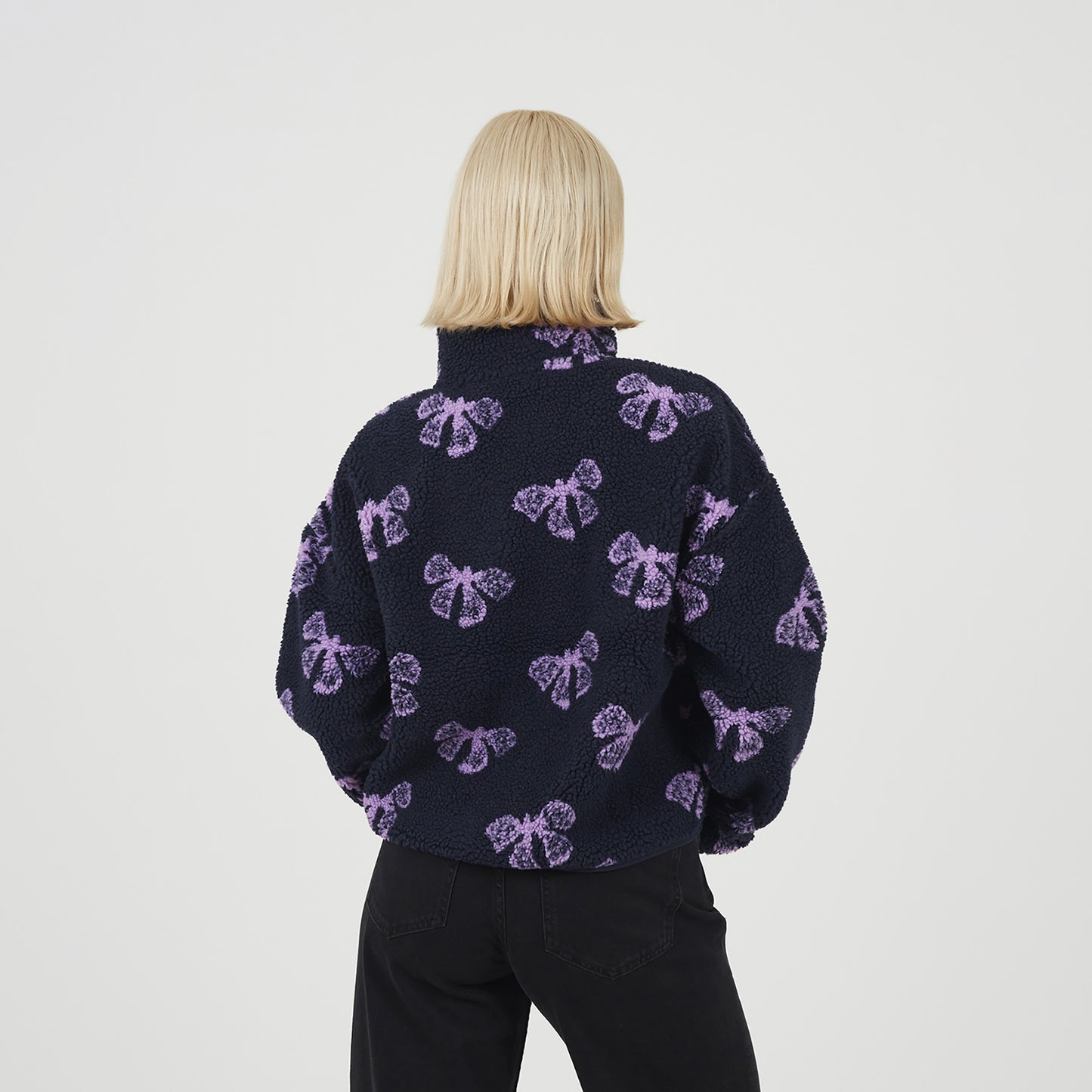 Brave Soul Navy Graphic Bow Print Zip Through Sherpa Fleece - Navy Image 2