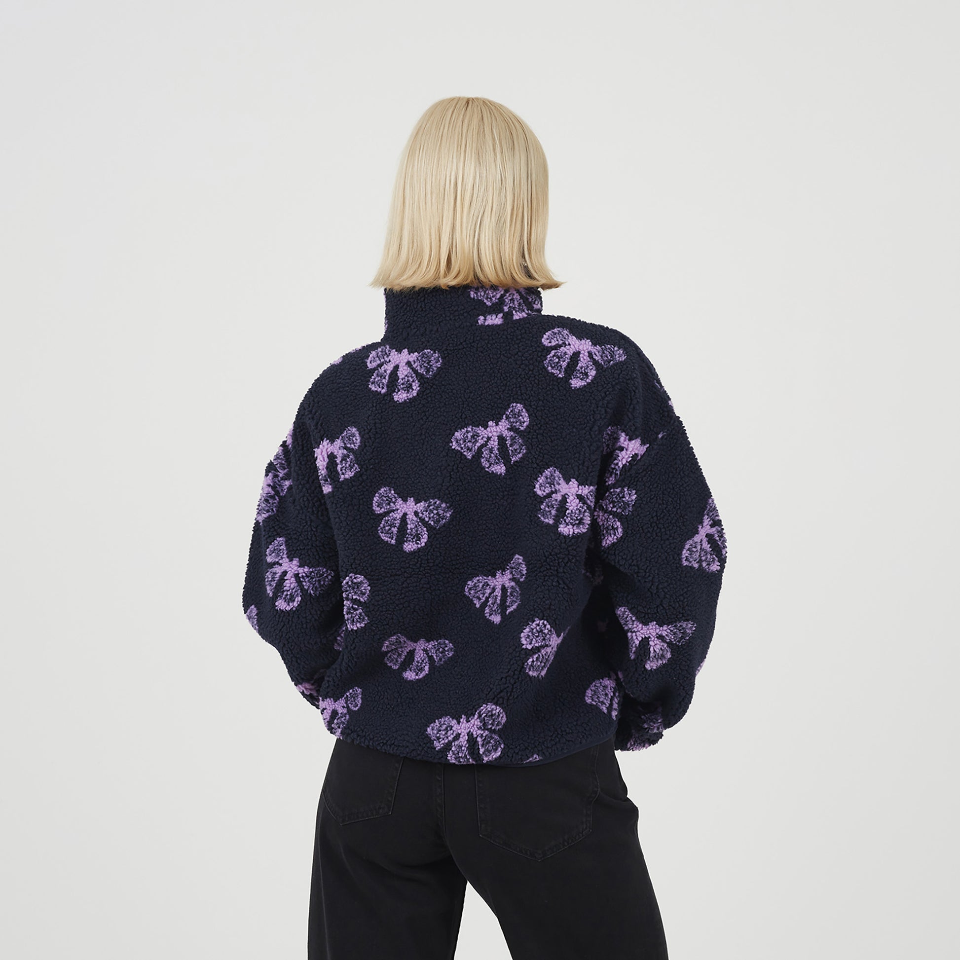 Brave Soul Navy Graphic Bow Print Zip Through Sherpa Fleece - Navy Image 2