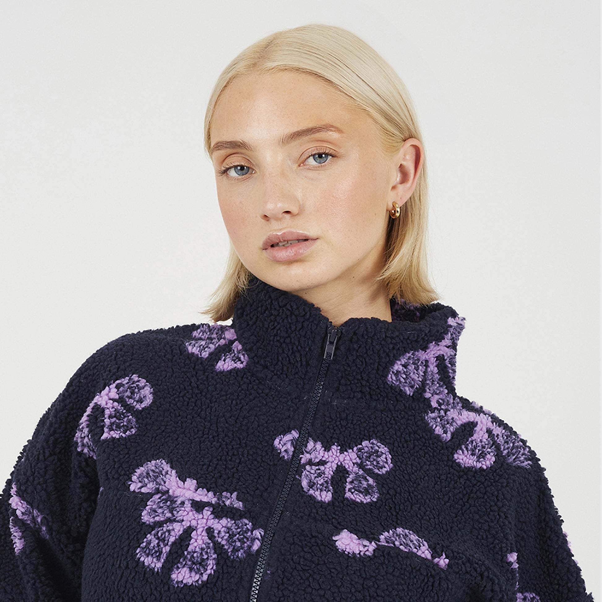 Brave Soul Navy Graphic Bow Print Zip Through Sherpa Fleece - Navy Image 4