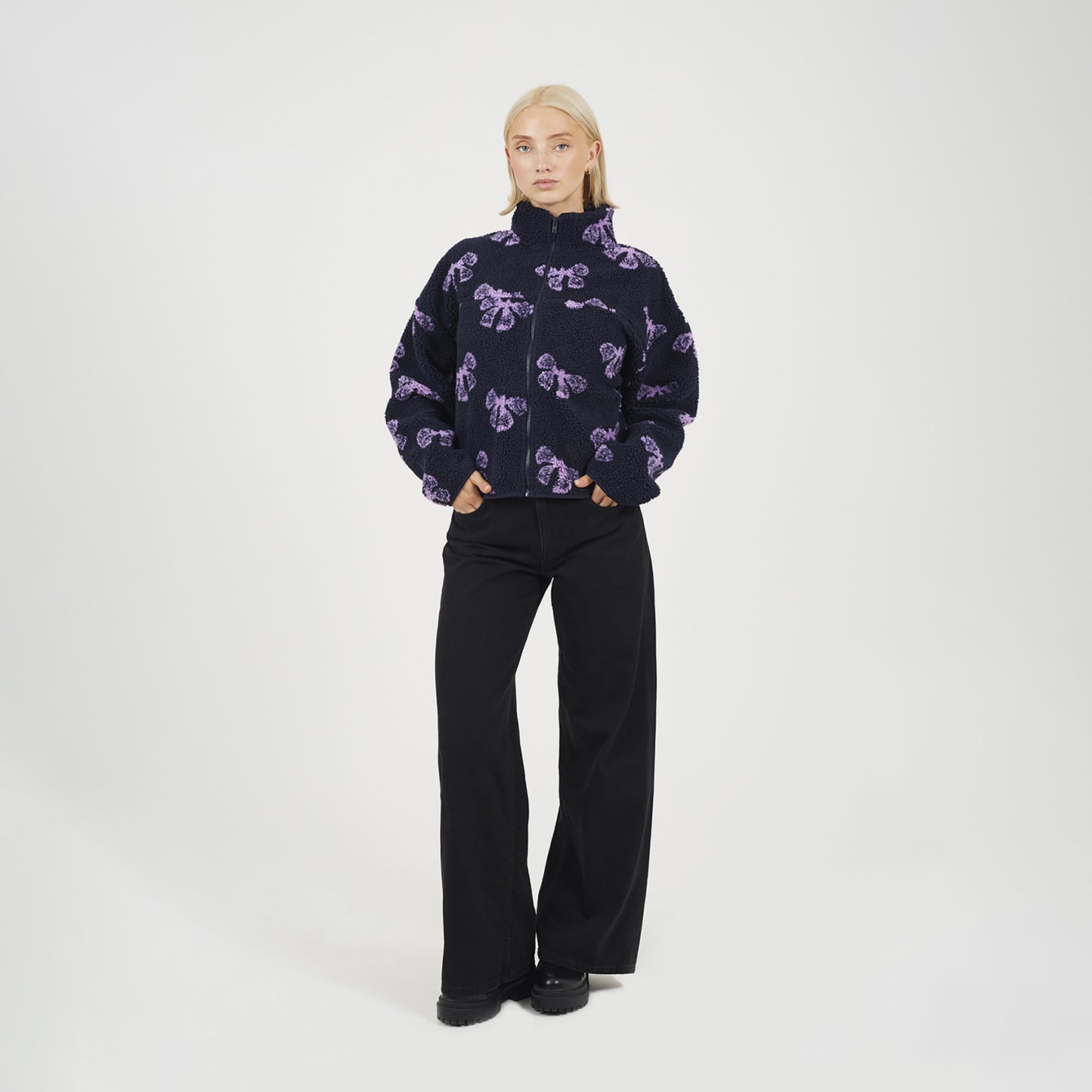 Brave Soul Navy Graphic Bow Print Zip Through Sherpa Fleece - Navy Image 3