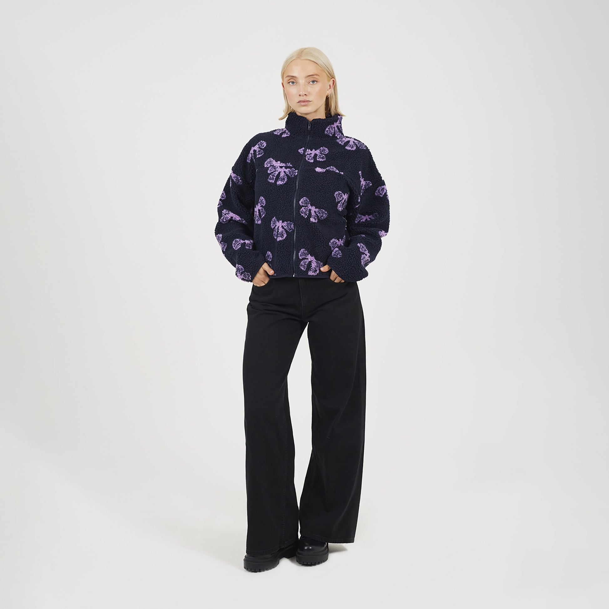 Brave Soul Navy Graphic Bow Print Zip Through Sherpa Fleece - Navy Image 3