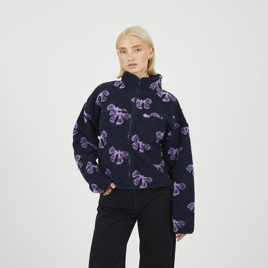 Brave Soul Navy Graphic Bow Print Zip Through Sherpa Fleece - Navy Image 1
