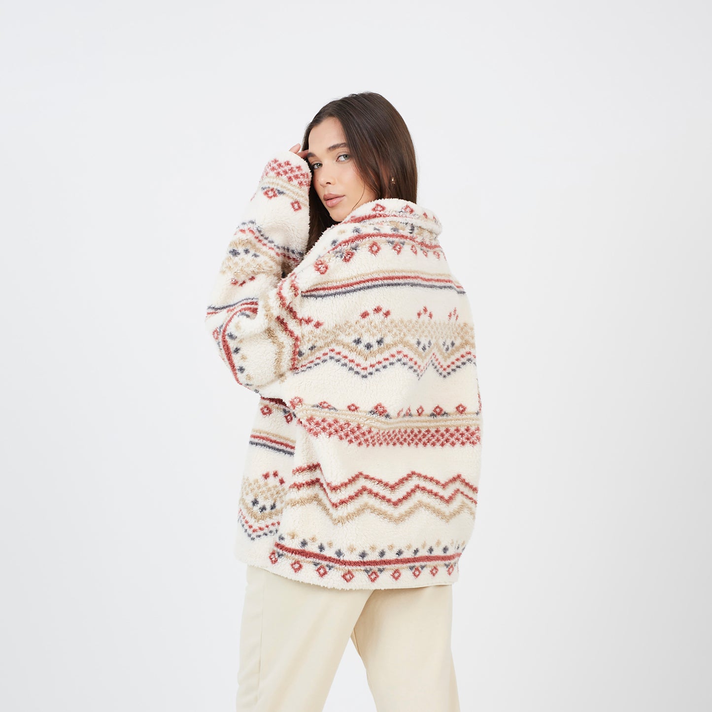Brave Soul Cream Quarter Zip Printed  Sherpa Fleece - Cream Image 2