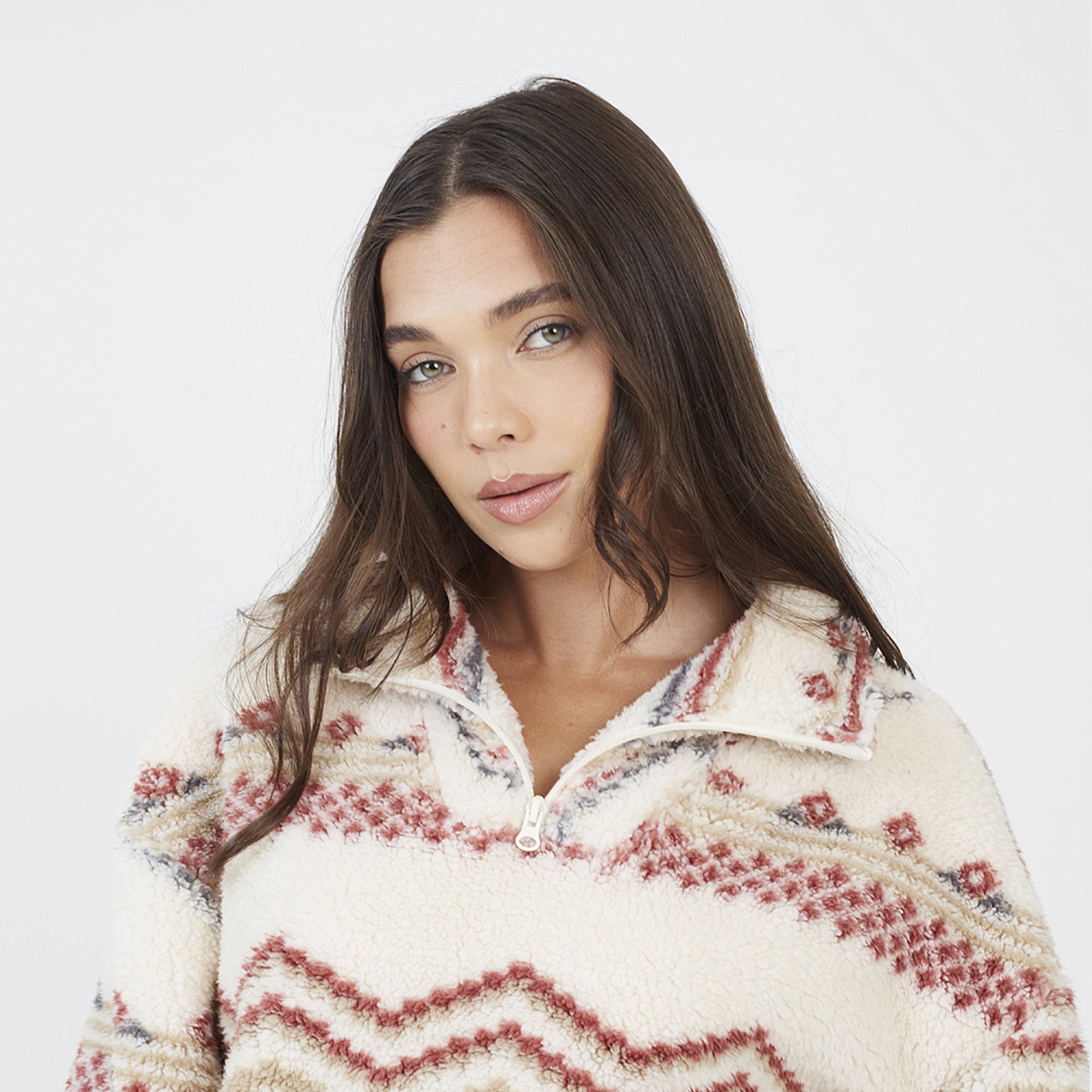 Brave Soul Cream Quarter Zip Printed  Sherpa Fleece - Cream Image 4
