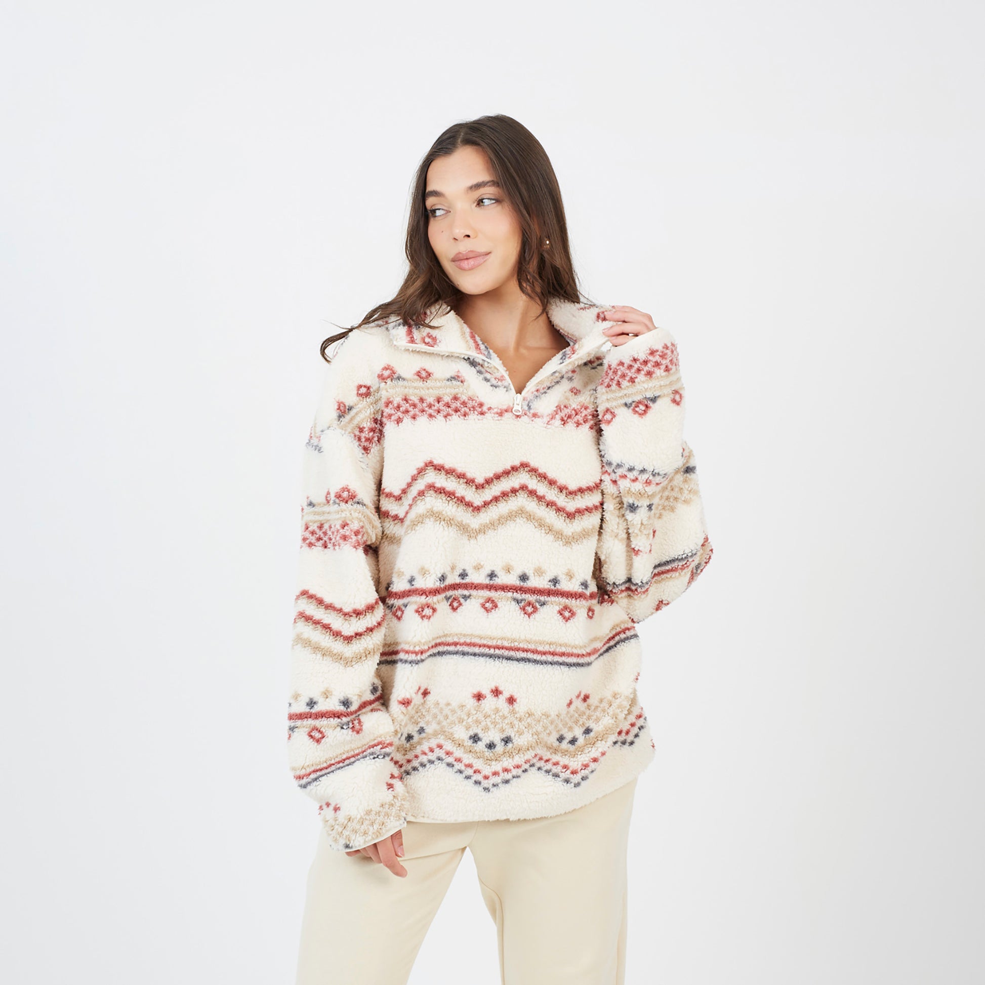 Brave Soul Cream Quarter Zip Printed  Sherpa Fleece - Cream Image 1