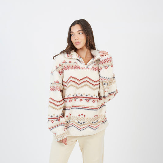 Brave Soul Cream Quarter Zip Printed  Sherpa Fleece - Cream Image 1
