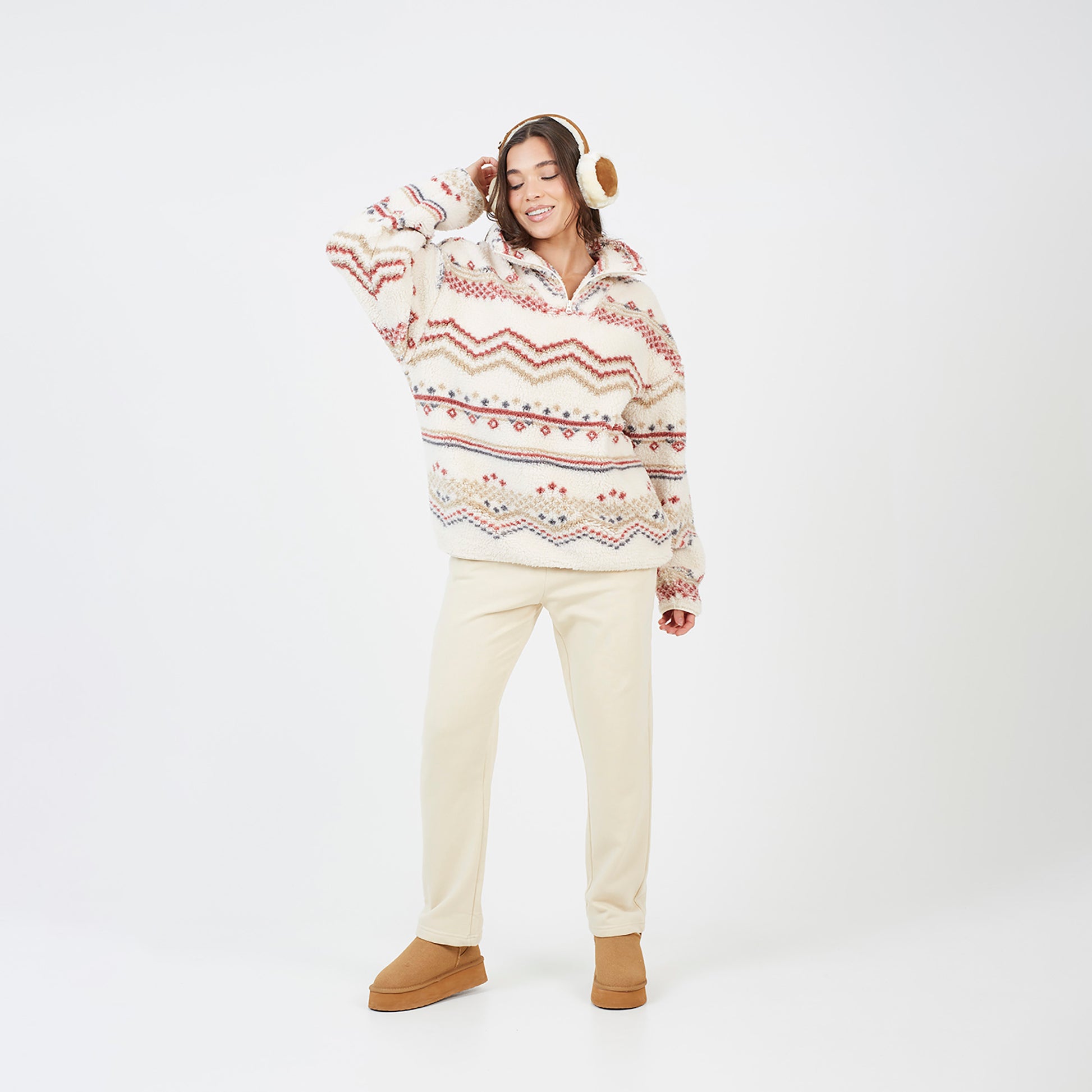 Brave Soul Cream Quarter Zip Printed  Sherpa Fleece - Cream Image 3