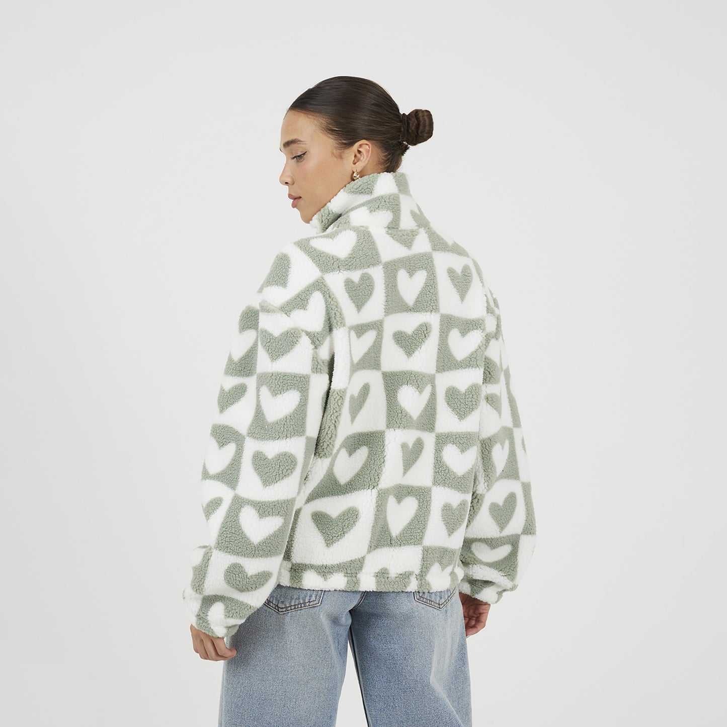 Brave Soul Green Heart Print Zip Through Sherpa Fleece - Green Image 2