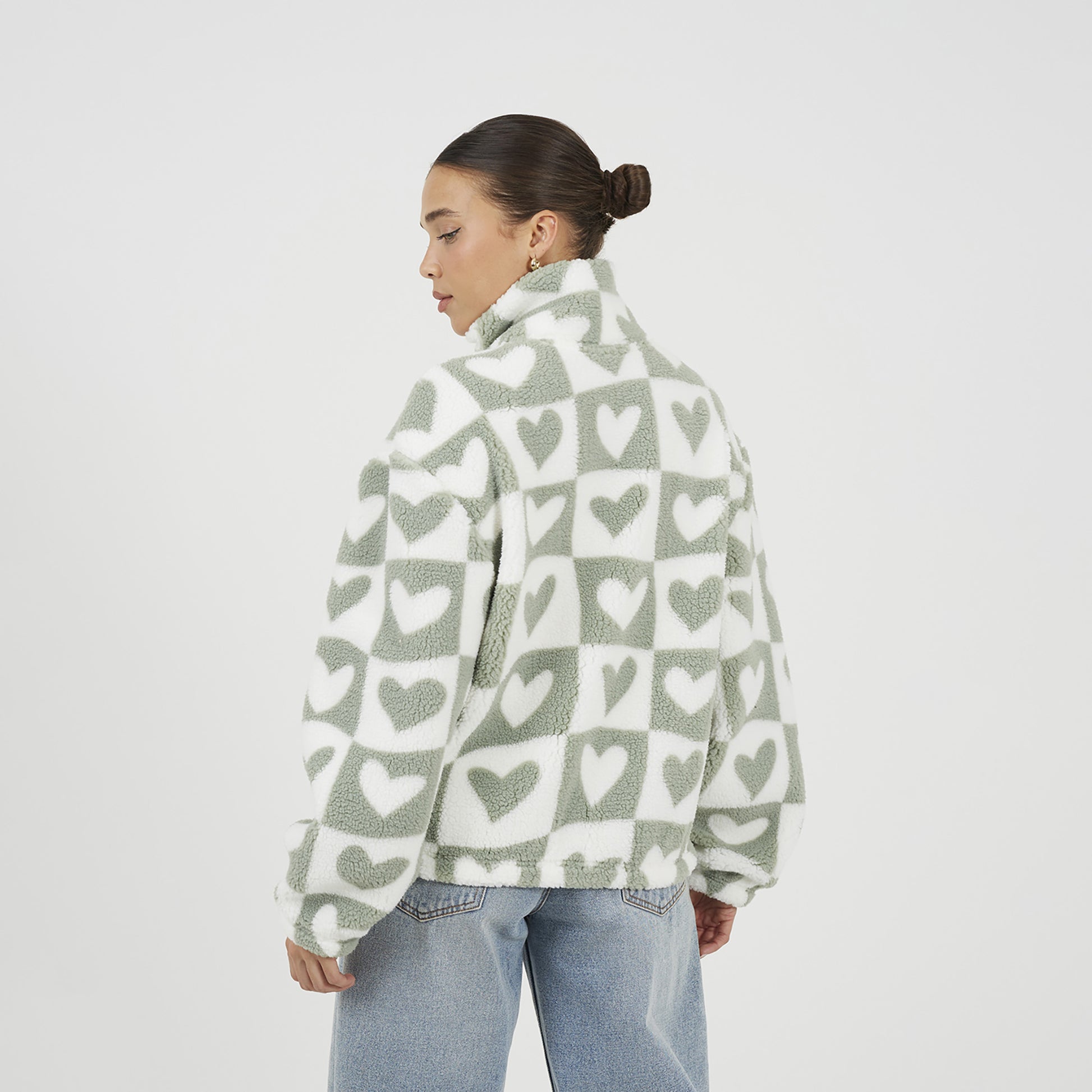 Brave Soul Green Heart Print Zip Through Sherpa Fleece - Green Image 2