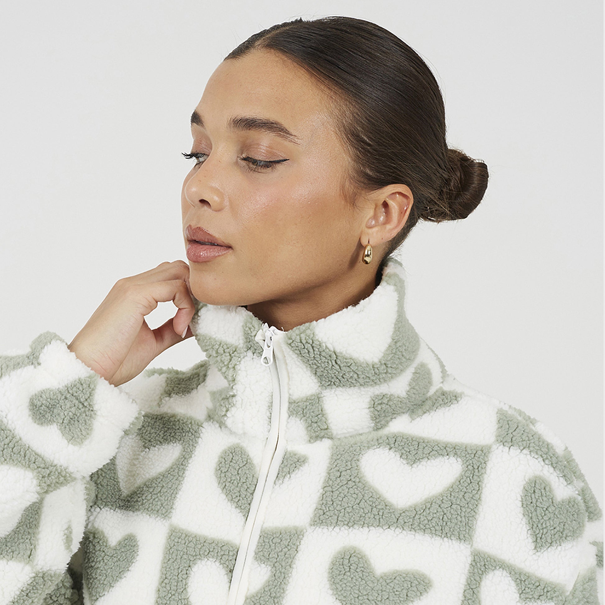 Brave Soul Green Heart Print Zip Through Sherpa Fleece - Green Image 4