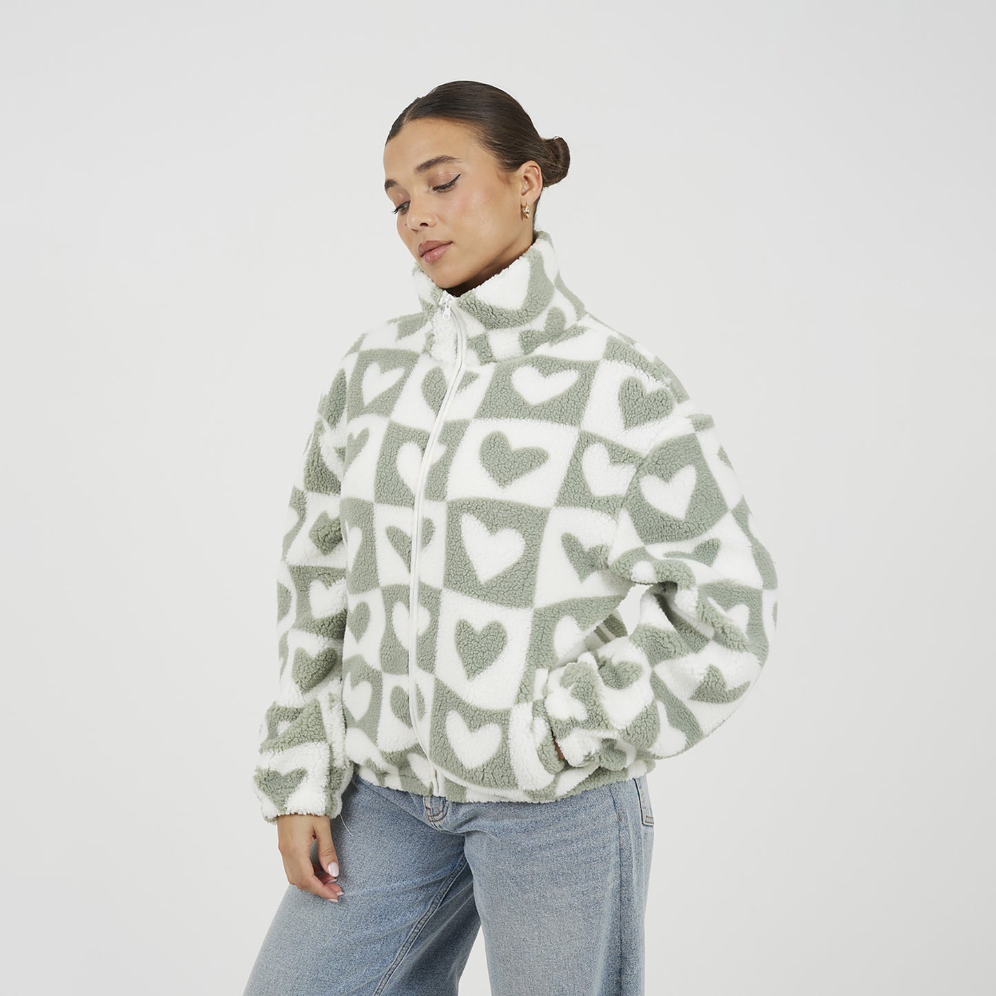 Brave Soul Green Heart Print Zip Through Sherpa Fleece - Green Image 1