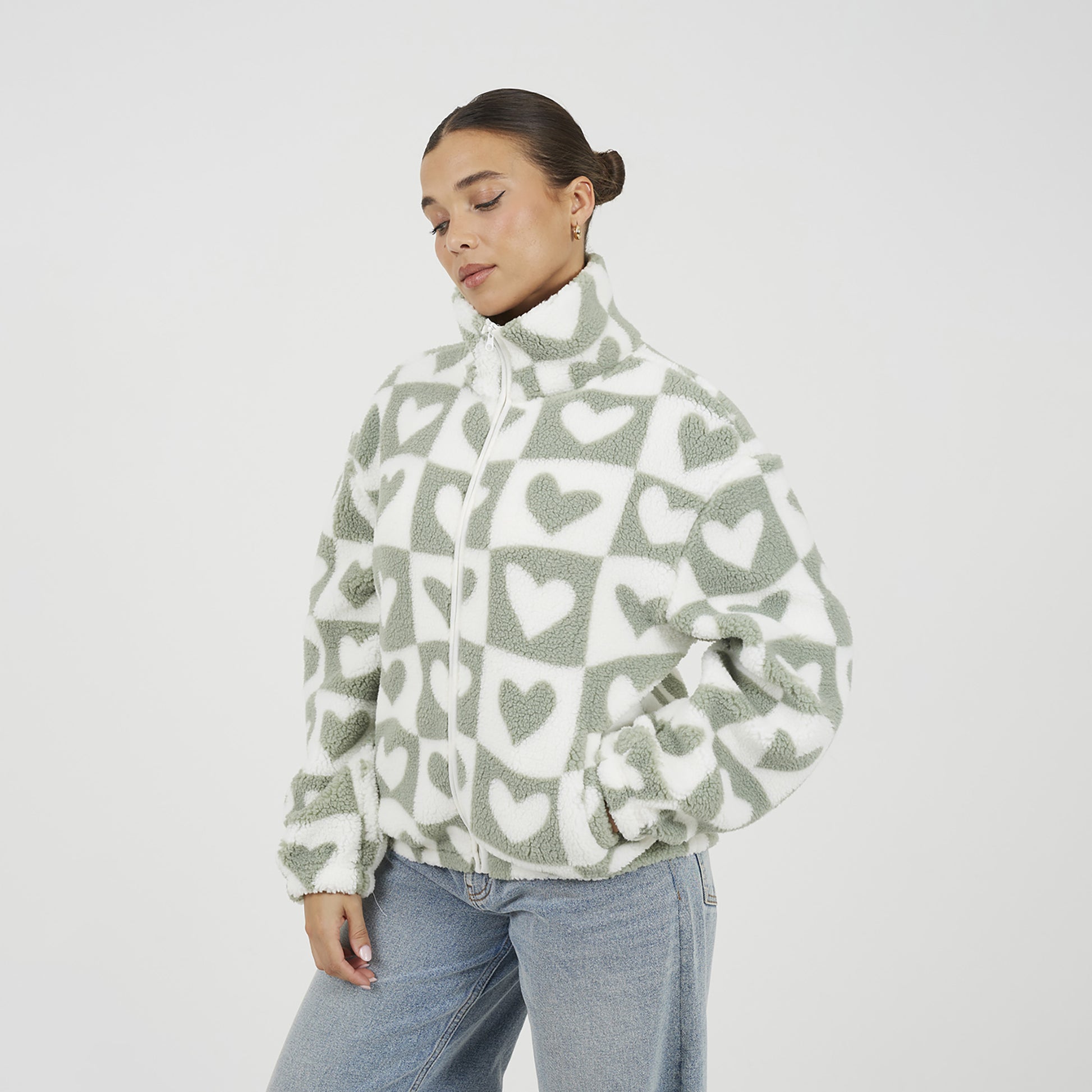 Brave Soul Green Heart Print Zip Through Sherpa Fleece - Green Image 1
