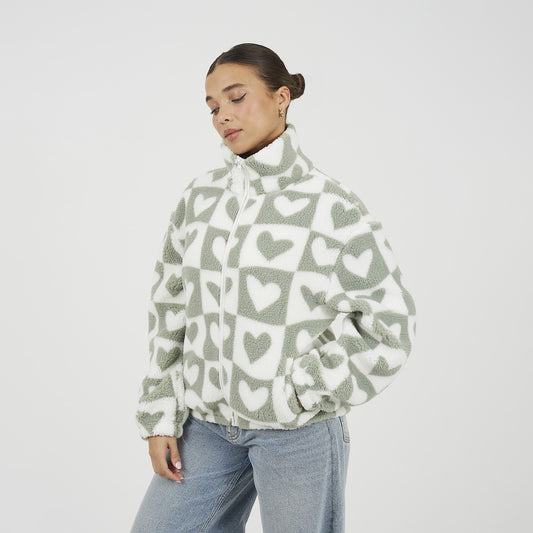 Brave Soul Green Heart Print Zip Through Sherpa Fleece - Green Image 1