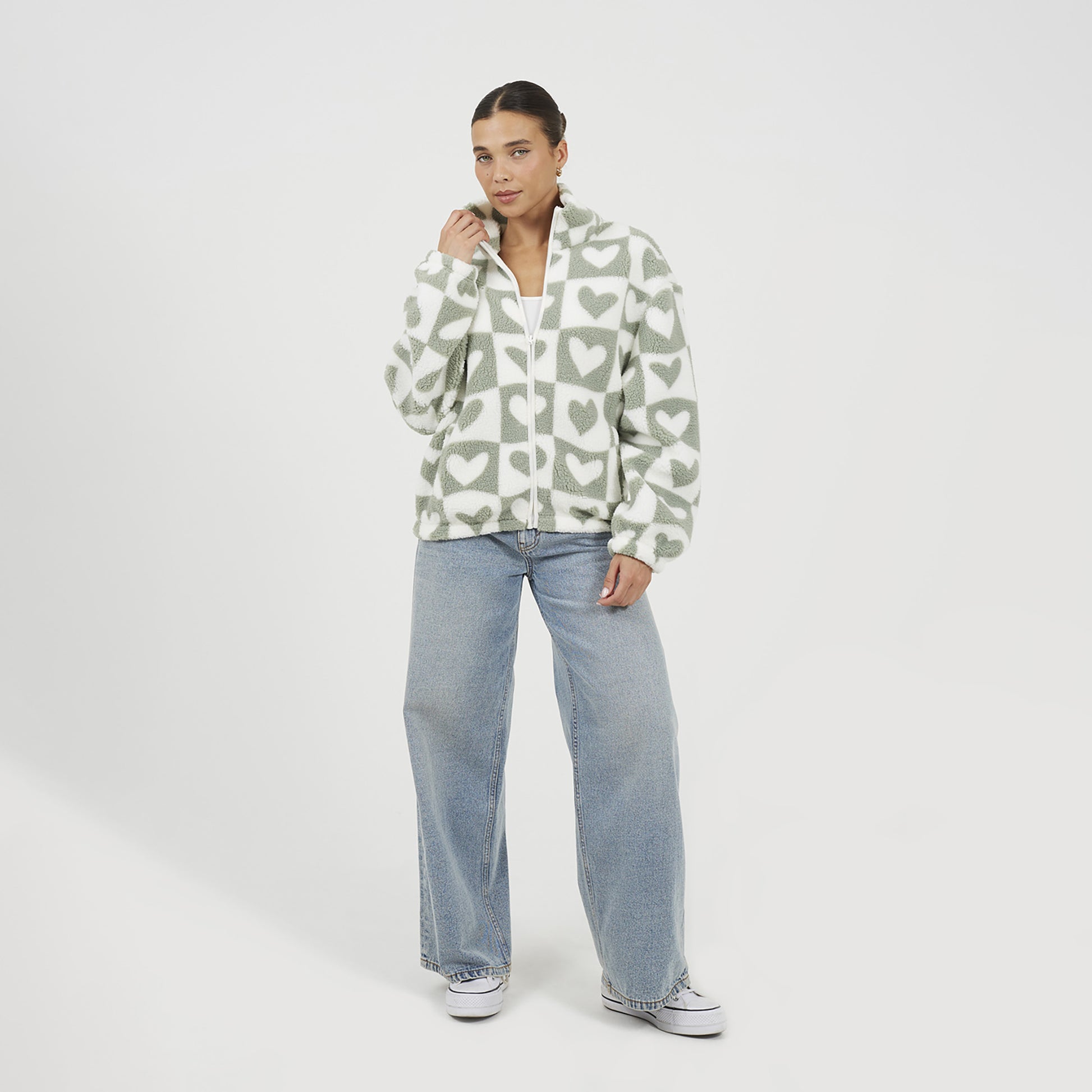Brave Soul Green Heart Print Zip Through Sherpa Fleece - Green Image 3