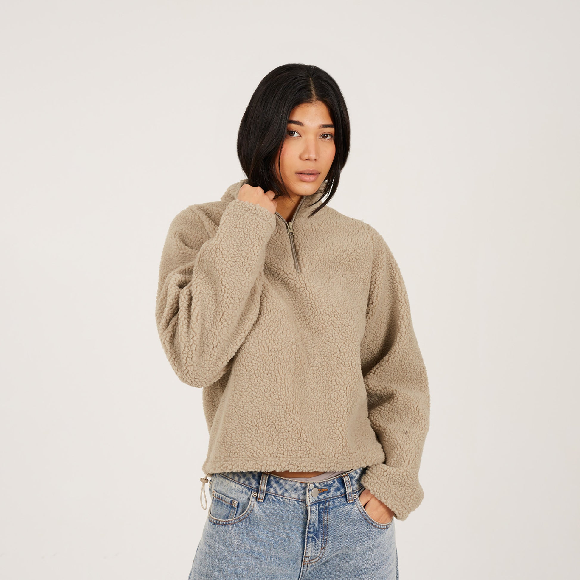 Brave Soul Taupe Quarter Zip Sherpa Fleece - Taupe Image 1