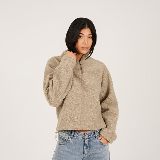 Brave Soul Taupe Quarter Zip Sherpa Fleece - Taupe Image 1